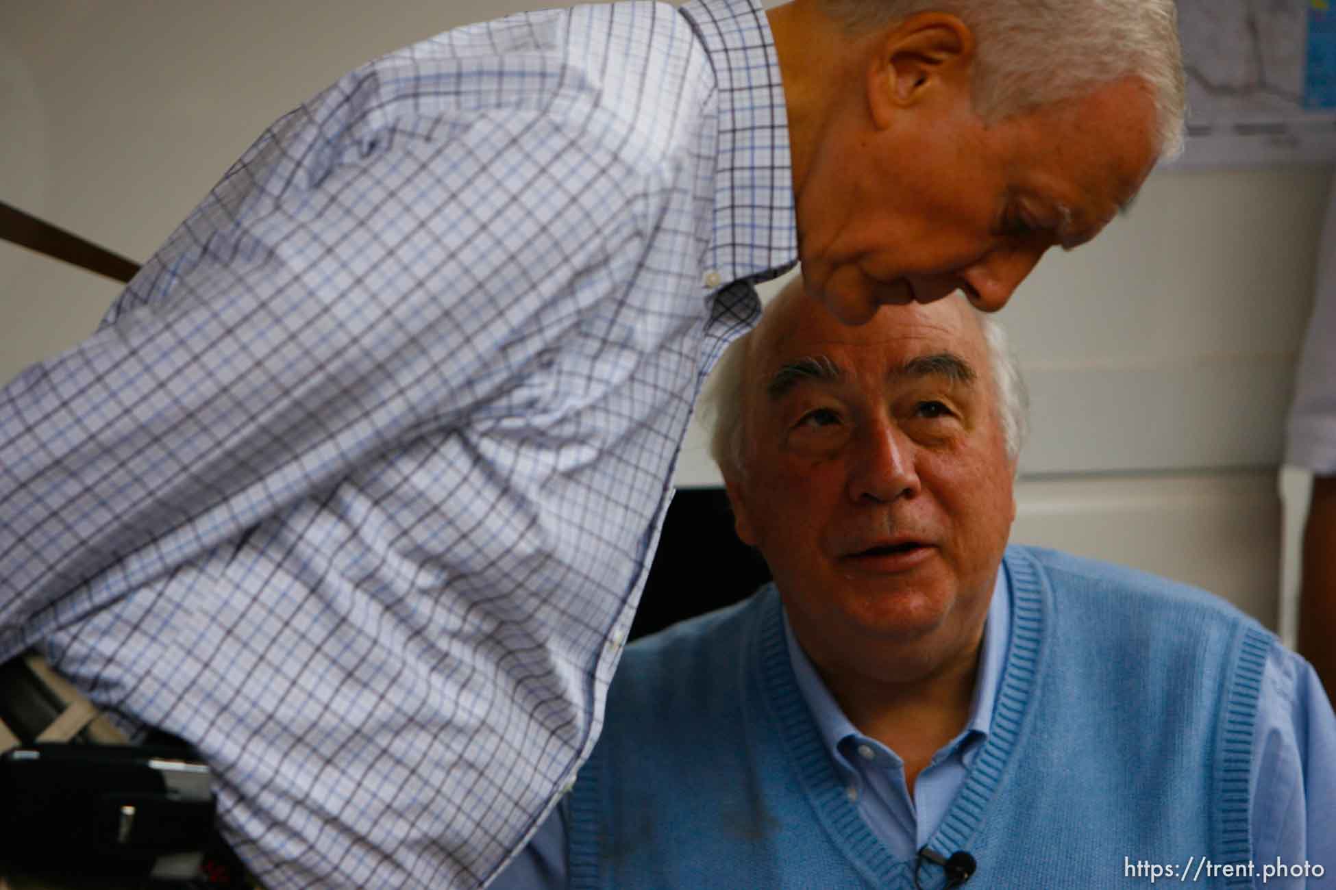 Huntington - Senator Orrin Hatch talks with Murray Energy Corporation President and CEO Robert Murray after speaking to reporters Thursday evening at the command post for the Crandall Canyon Mine disaster, where six miners remained trapped.