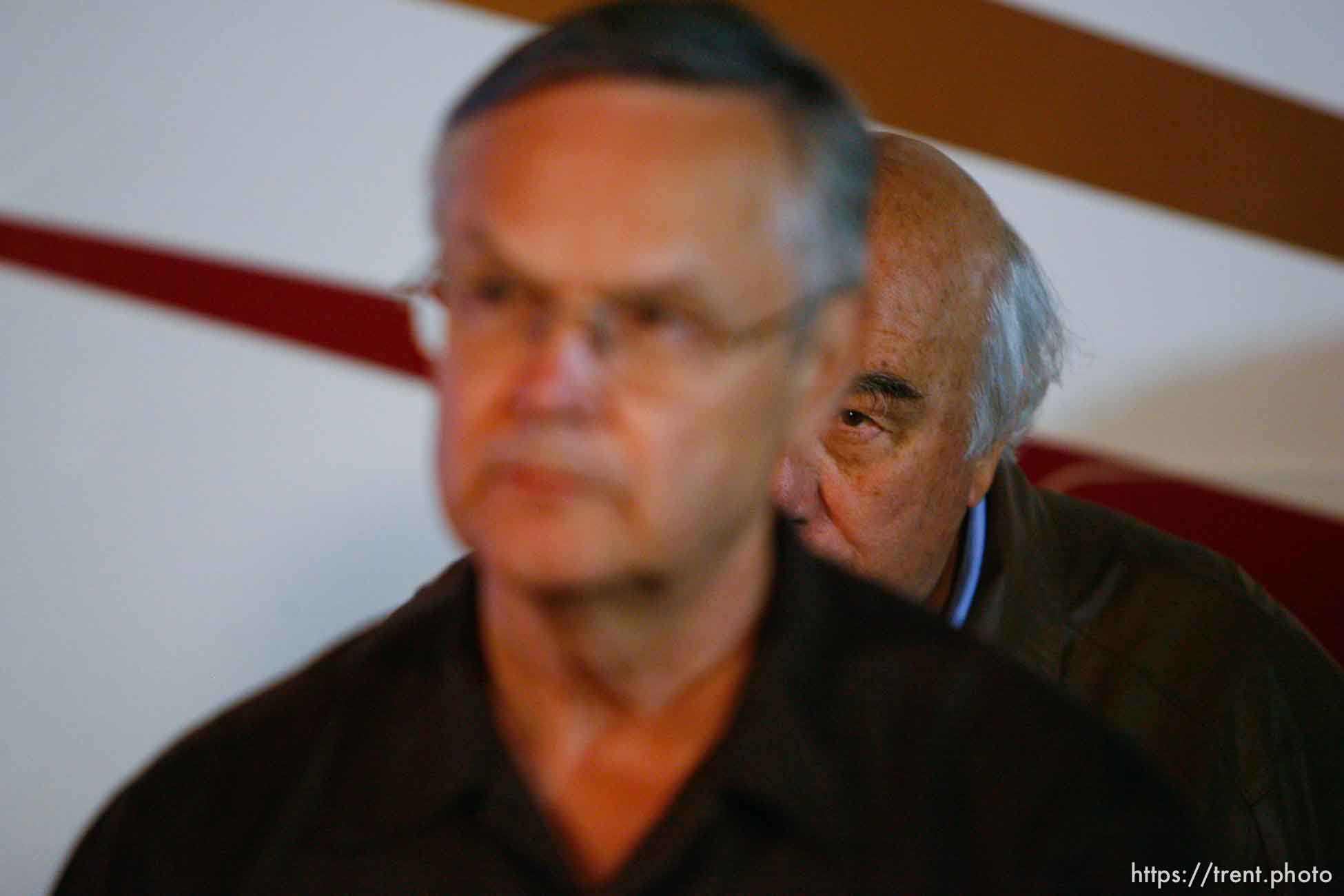 Huntington - Richard Strickler (left), Assistant Secretary for the Mine Safety and Health Administration and Robert Murray, Murray Energy Corporation President and CEO, speak to reporters after midnight Friday morning at the command post for the Crandall Canyon Mine rescue effort. While the drill has reached the pocket where six miners are trapped and a microphone was inserted, no response was heard from the missing men.