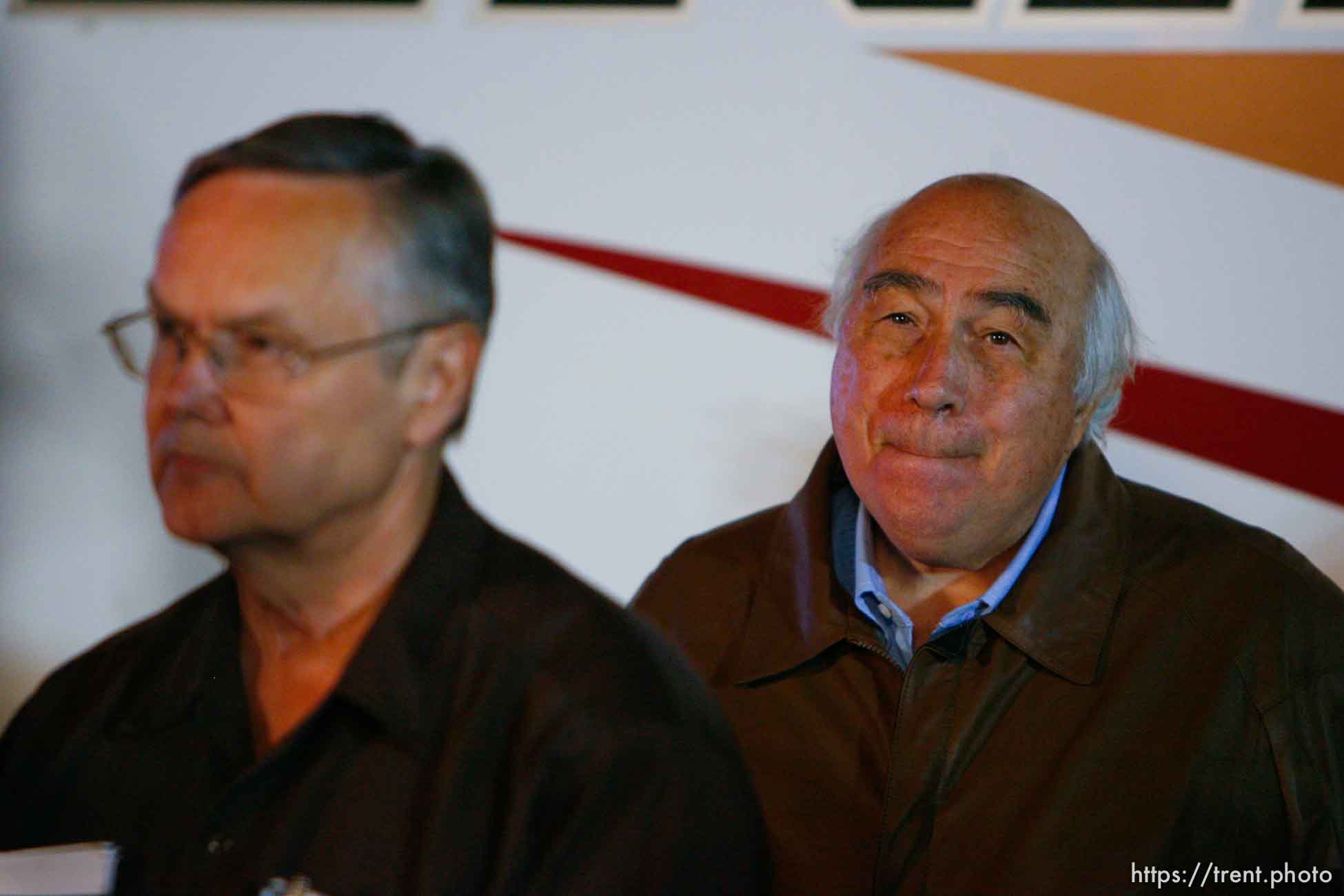 Huntington - Richard Strickler (left), Assistant Secretary for the Mine Safety and Health Administration and Robert Murray, Murray Energy Corporation President and CEO, speak to reporters after midnight Friday morning at the command post for the Crandall Canyon Mine rescue effort. While the drill has reached the pocket where six miners are trapped and a microphone was inserted, no response was heard from the missing men.