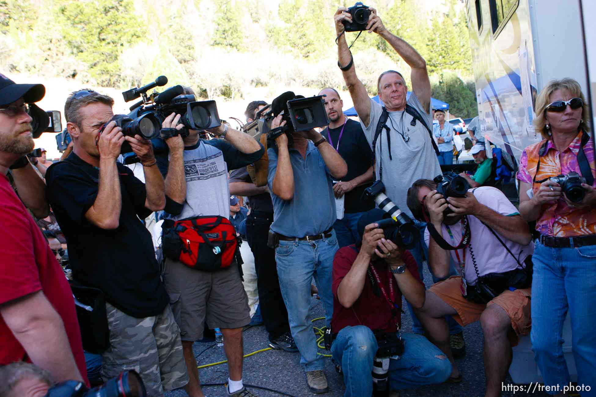 Huntington - Robert Murray, Murray Energy Corporation President and CEO, arrives at a press briefing to a pack of photographers Friday evening at the command post for the Crandall Canyon Mine rescue effort.