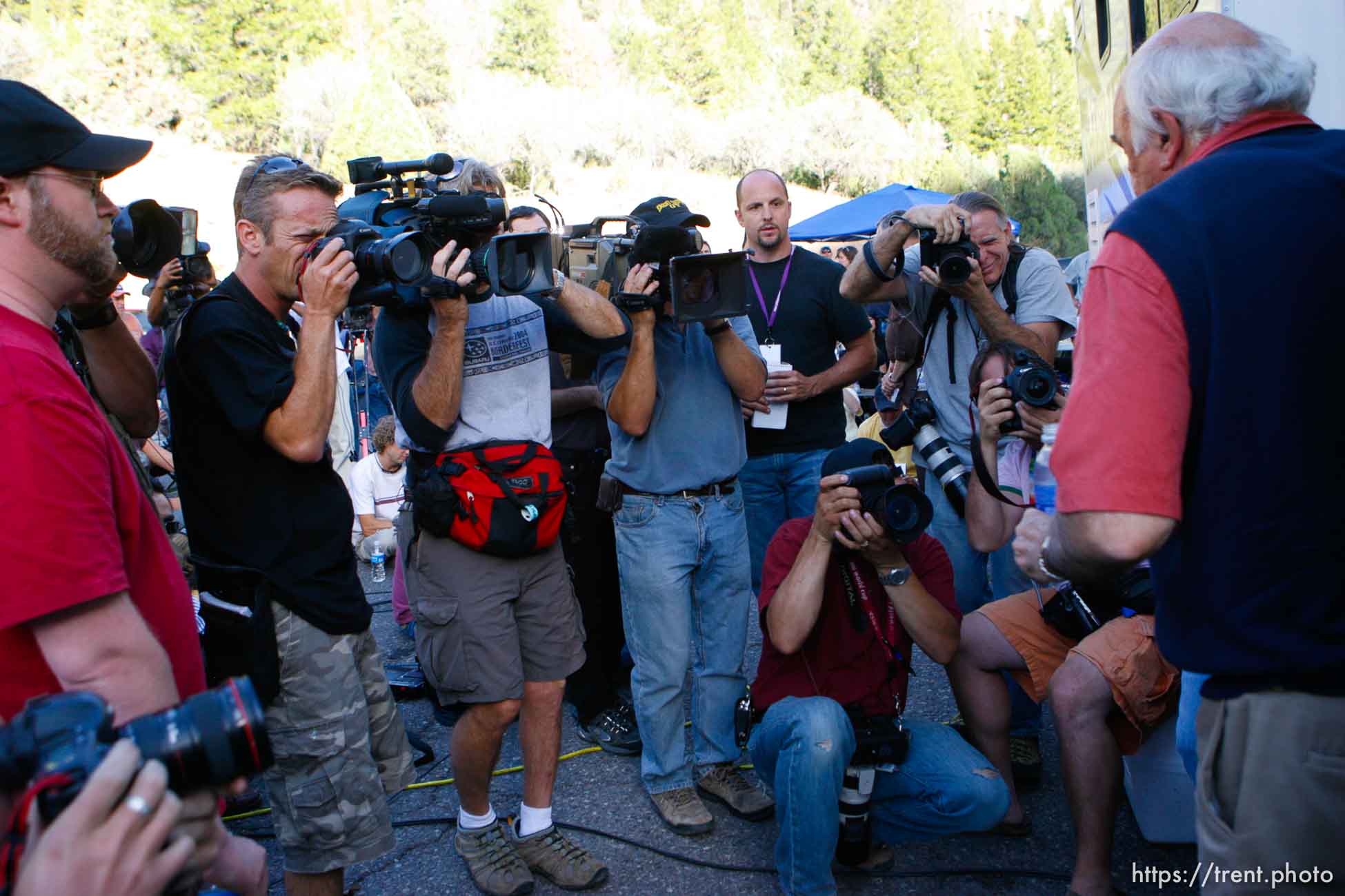 Huntington - Robert Murray, Murray Energy Corporation President and CEO, arrives at a press briefing to a pack of photographers Friday evening at the command post for the Crandall Canyon Mine rescue effort.