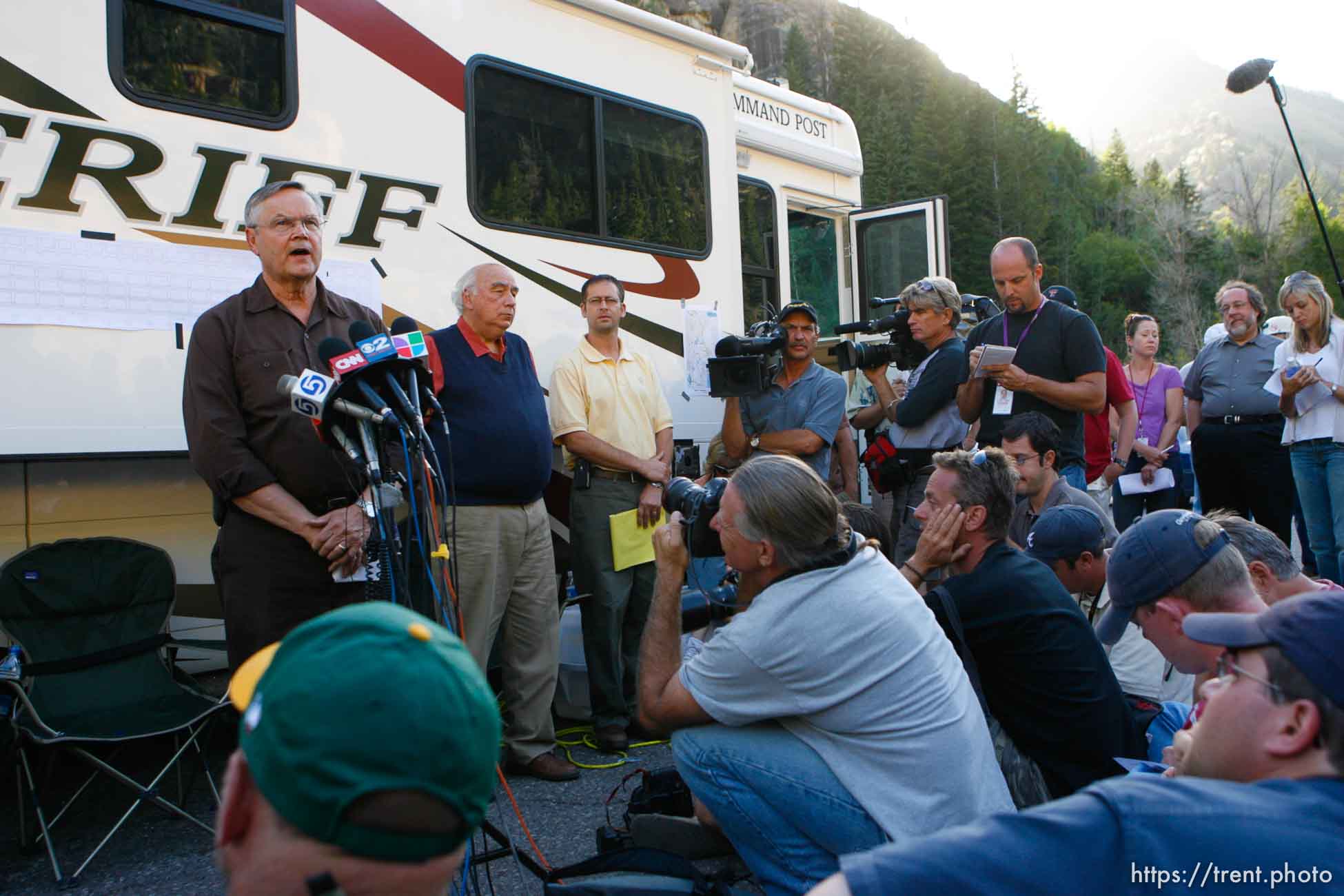 Huntington - Richard Strickler, Assistant Secretary for the Mine Safety and Health Administration and Robert Murray, Murray Energy Corporation President and CEO, speak to reporters Friday evening at the command post for the Crandall Canyon Mine rescue effort.