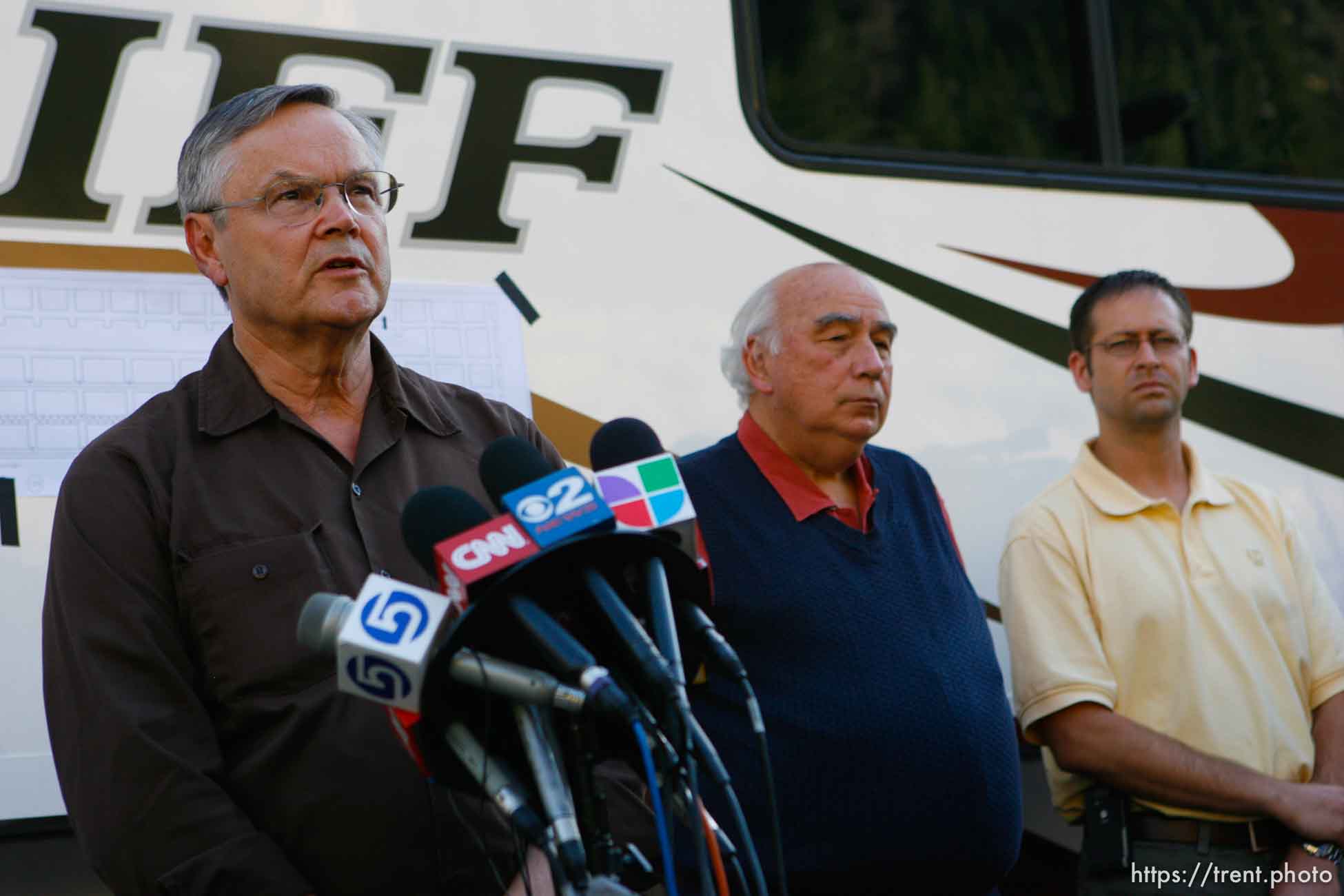 Huntington - Richard Strickler, Assistant Secretary for the Mine Safety and Health Administration and Robert Murray, Murray Energy Corporation President and CEO, speak to reporters Friday evening at the command post for the Crandall Canyon Mine rescue effort. Murray Energy Corp. vice president Rob Moore