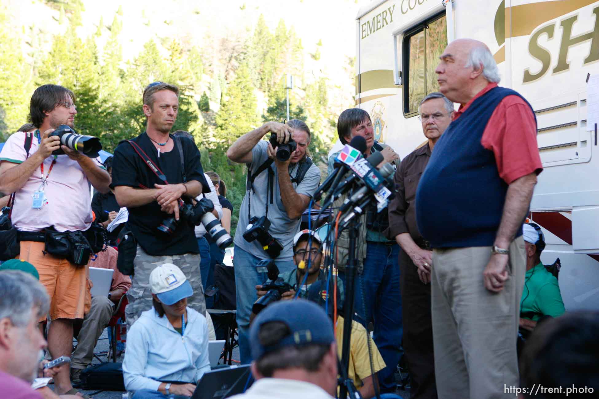 Huntington - Robert Murray, Murray Energy Corporation President and CEO, speaks to reporters Friday evening at the command post for the Crandall Canyon Mine rescue effort.  doug pizac