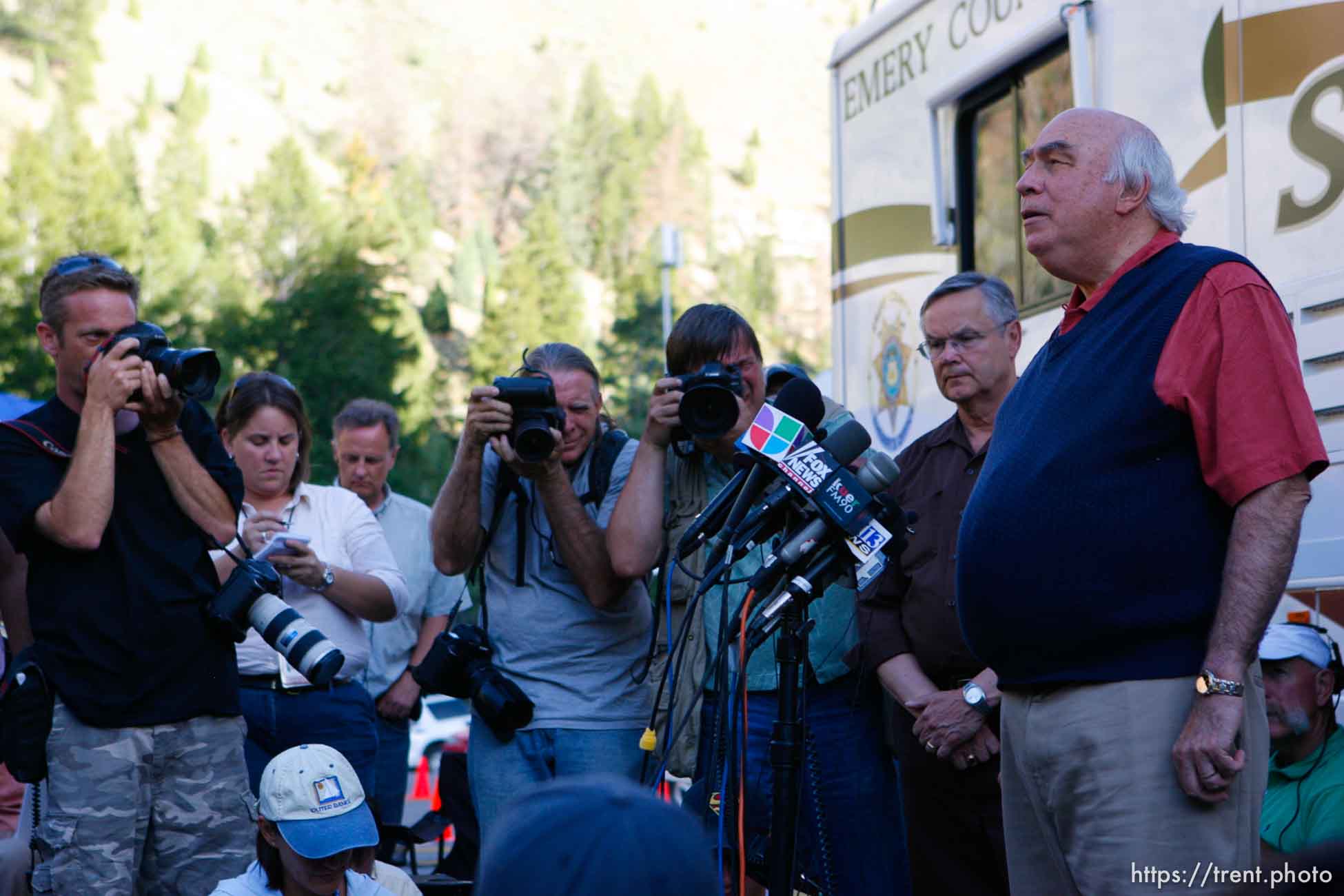 Huntington - Robert Murray, Murray Energy Corporation President and CEO, speaks to reporters Friday evening at the command post for the Crandall Canyon Mine rescue effort.  doug pizac