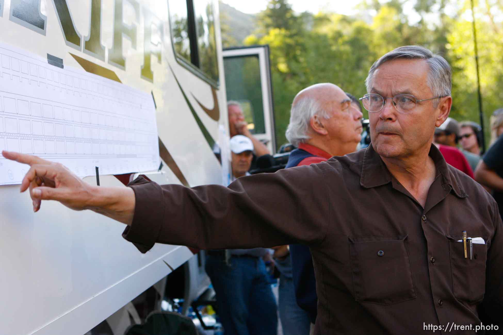 Huntington - Richard Strickler, Assistant Secretary for the Mine Safety and Health Administration speaks to reporters while pointing out locations on a map of the mine Friday evening at the command post for the Crandall Canyon Mine rescue effort.  rob murray behind