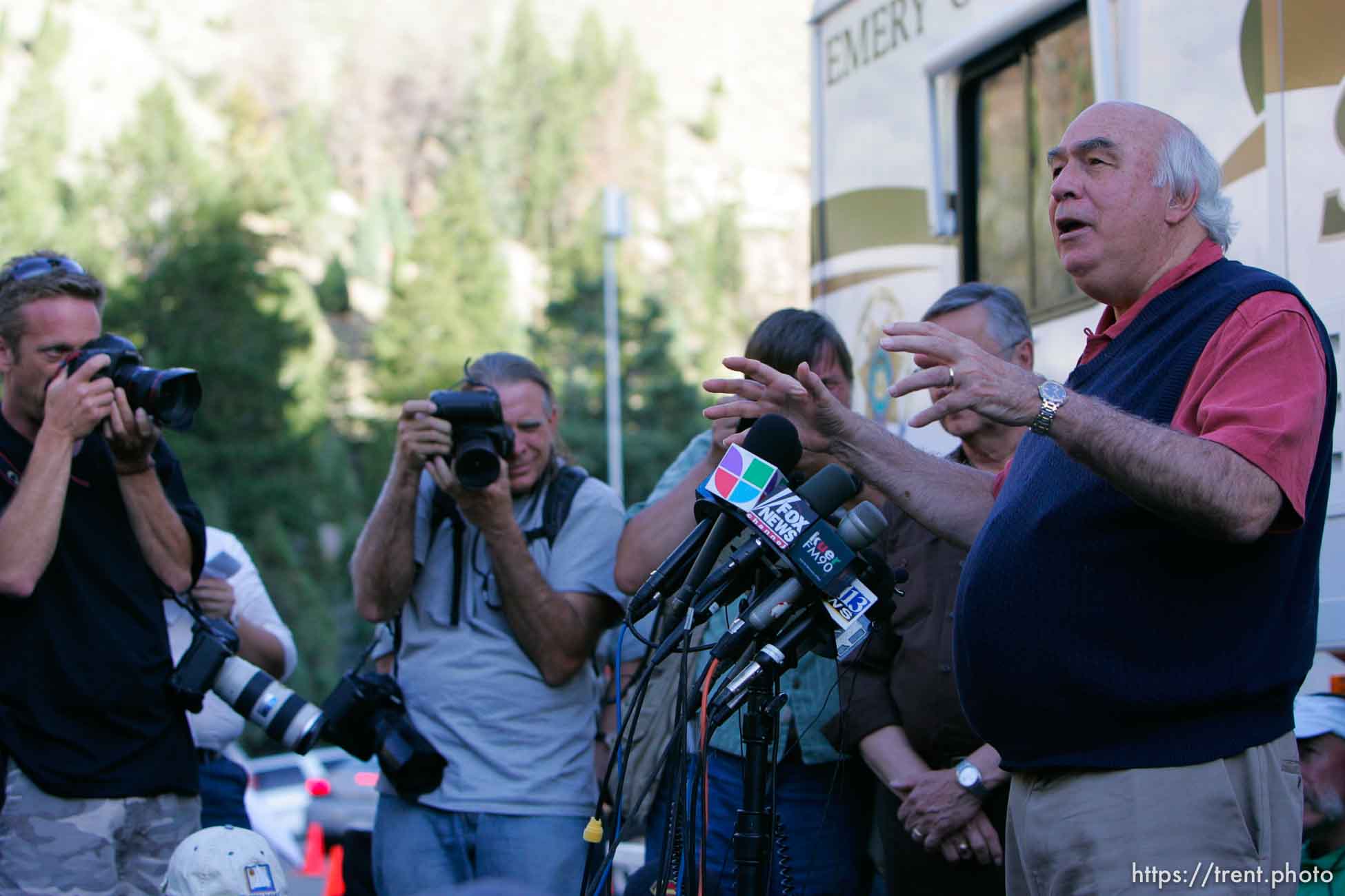 Huntington - Robert Murray, Murray Energy Corporation President and CEO, speaks to reporters Friday evening at the command post for the Crandall Canyon Mine rescue effort.  doug pizac