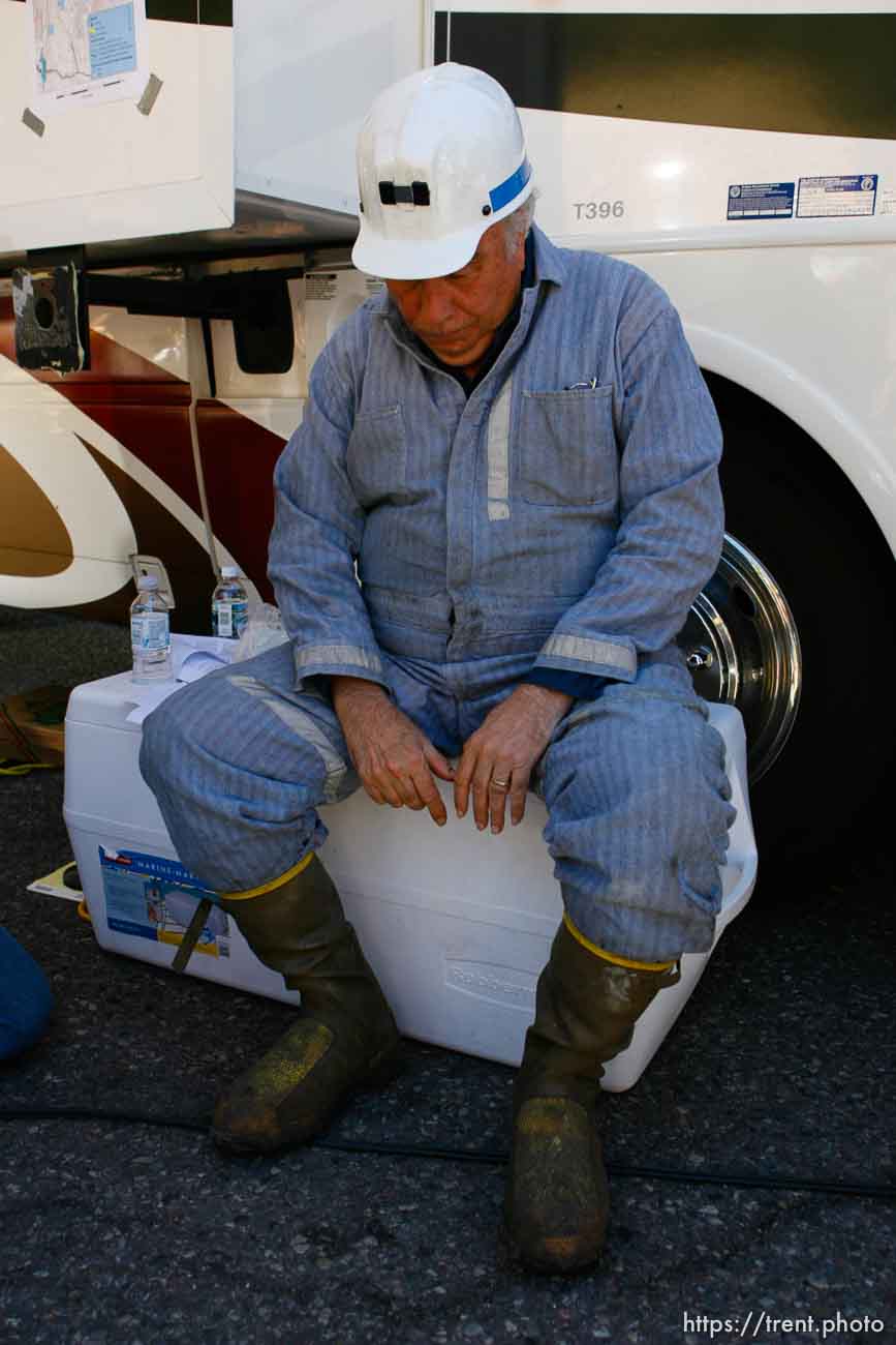 Huntington - Robert Murray, president and CEO of Ohio-based Murray Energy Corp, sits before addressing reporters at the command post in full miners gear Saturday afternoon.