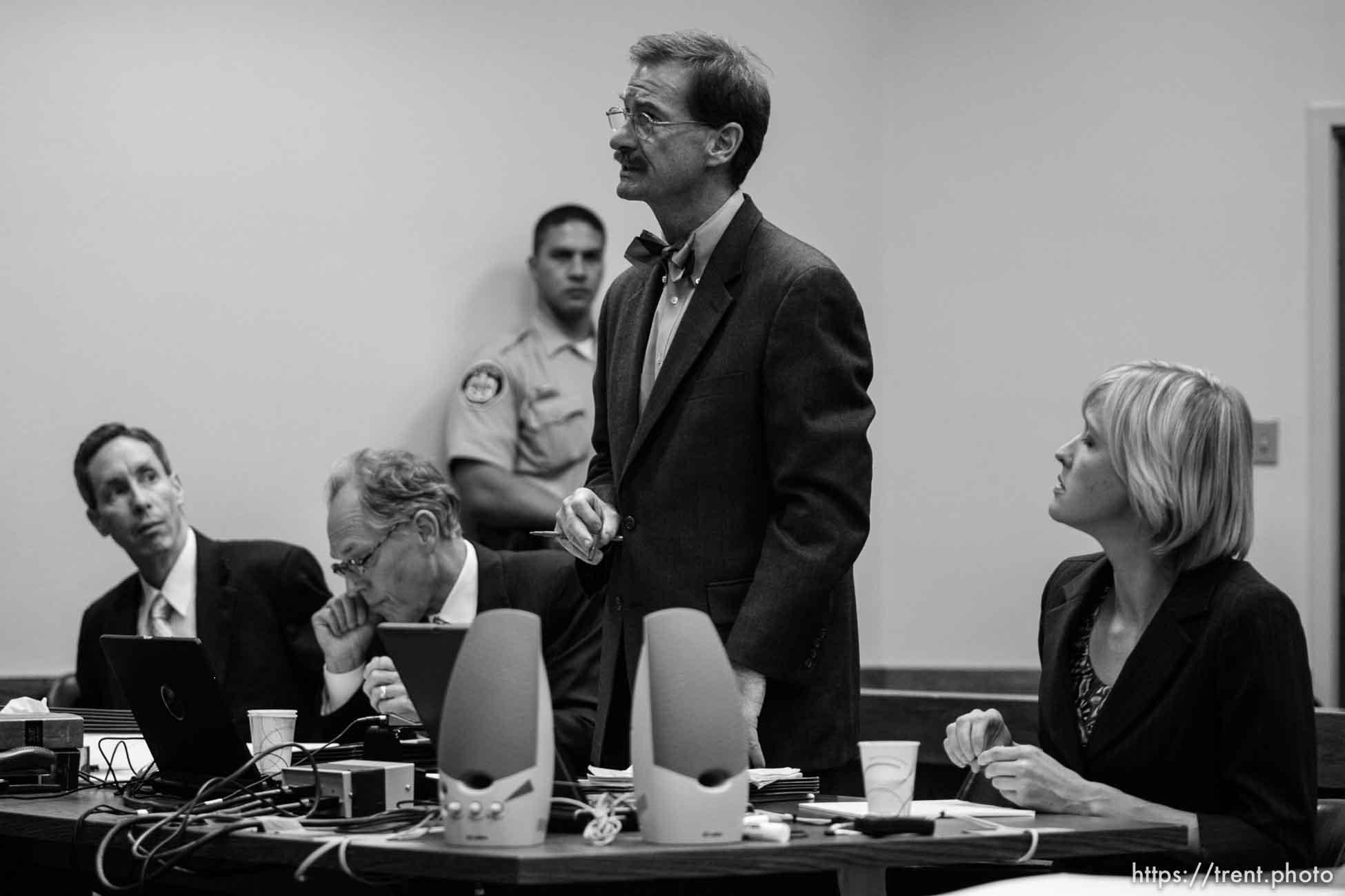 The Warren Jeffs' trial in St. George, Utah. Jeffs, head of the Fundamentalist Church of Jesus Christ of Latter Day Saints, is charged with two counts of rape as an accomplice for allegedly coercing the marriage and rape of a 14-year-old follower to her 19-year-old cousin in 2001.. defense attorney Walter Bugden. defense attorney Tara Isaacson. defense attorney Richard Wright