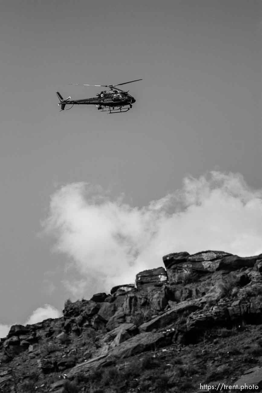 The Warren Jeffs' trial in St. George, Utah. Jeffs, head of the Fundamentalist Church of Jesus Christ of Latter Day Saints, is charged with two counts of rape as an accomplice for allegedly coercing the marriage and rape of a 14-year-old follower to her 19-year-old cousin in 2001. helicopter