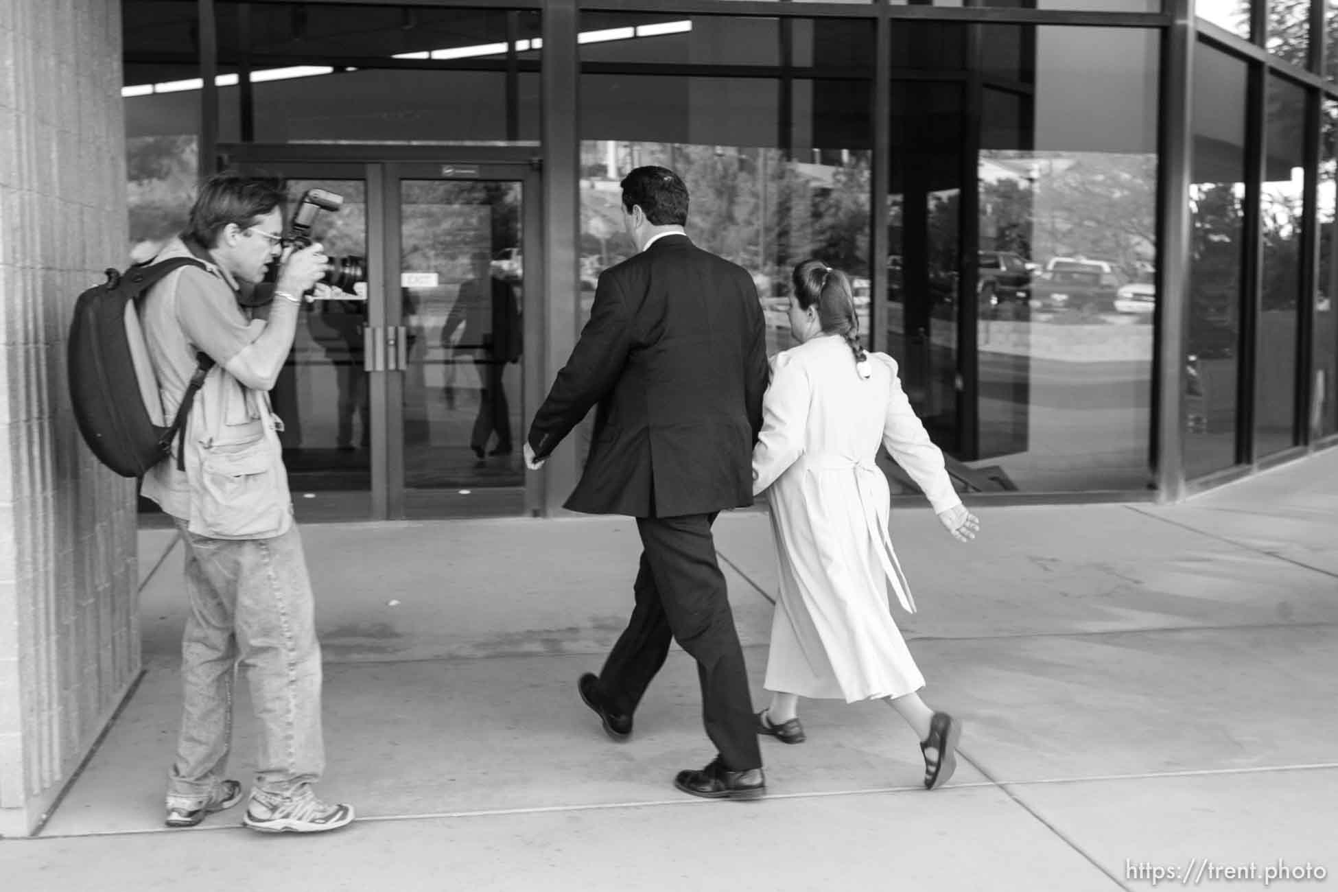 The Warren Jeffs' trial in St. George, Utah. Jeffs, head of the Fundamentalist Church of Jesus Christ of Latter Day Saints, is charged with two counts of rape as an accomplice for allegedly coercing the marriage and rape of a 14-year-old follower to her 19-year-old cousin in 2001.. apparent followers of warren jeffs' flds church. george frey