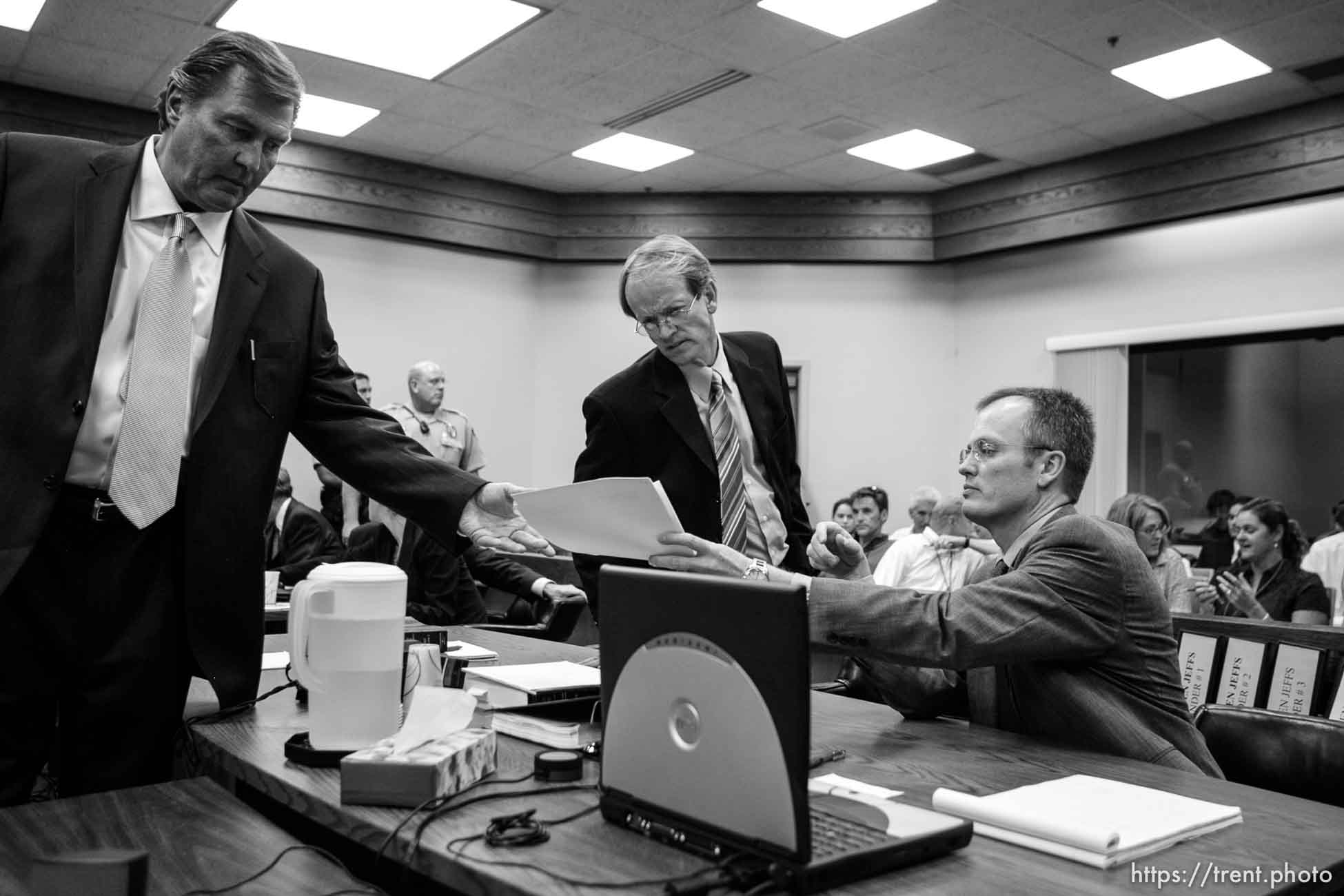 The Warren Jeffs' trial in St. George, Utah. Jeffs, head of the Fundamentalist Church of Jesus Christ of Latter Day Saints, is charged with two counts of rape as an accomplice for allegedly coercing the marriage and rape of a 14-year-old follower to her 19-year-old cousin in 2001. Washington County Attorney Brock Belnap. prosecuting attorney Ryan Shaum. Utah Assistant Attorney General Craig Barlow