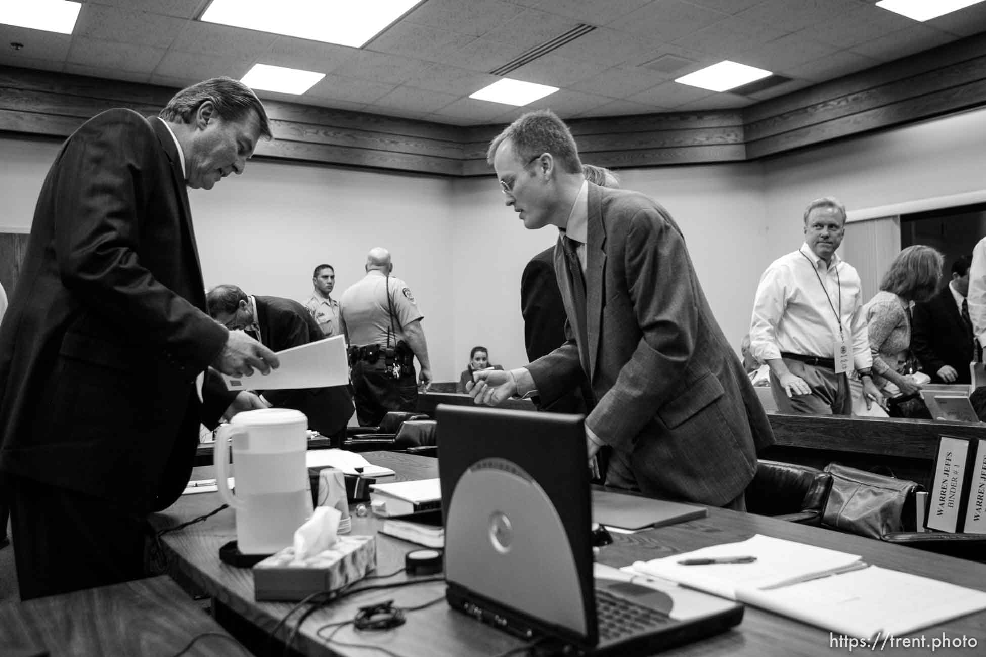 The Warren Jeffs' trial in St. George, Utah. Jeffs, head of the Fundamentalist Church of Jesus Christ of Latter Day Saints, is charged with two counts of rape as an accomplice for allegedly coercing the marriage and rape of a 14-year-old follower to her 19-year-old cousin in 2001. Washington County Attorney Brock Belnap. Utah Assistant Attorney General Craig Barlow