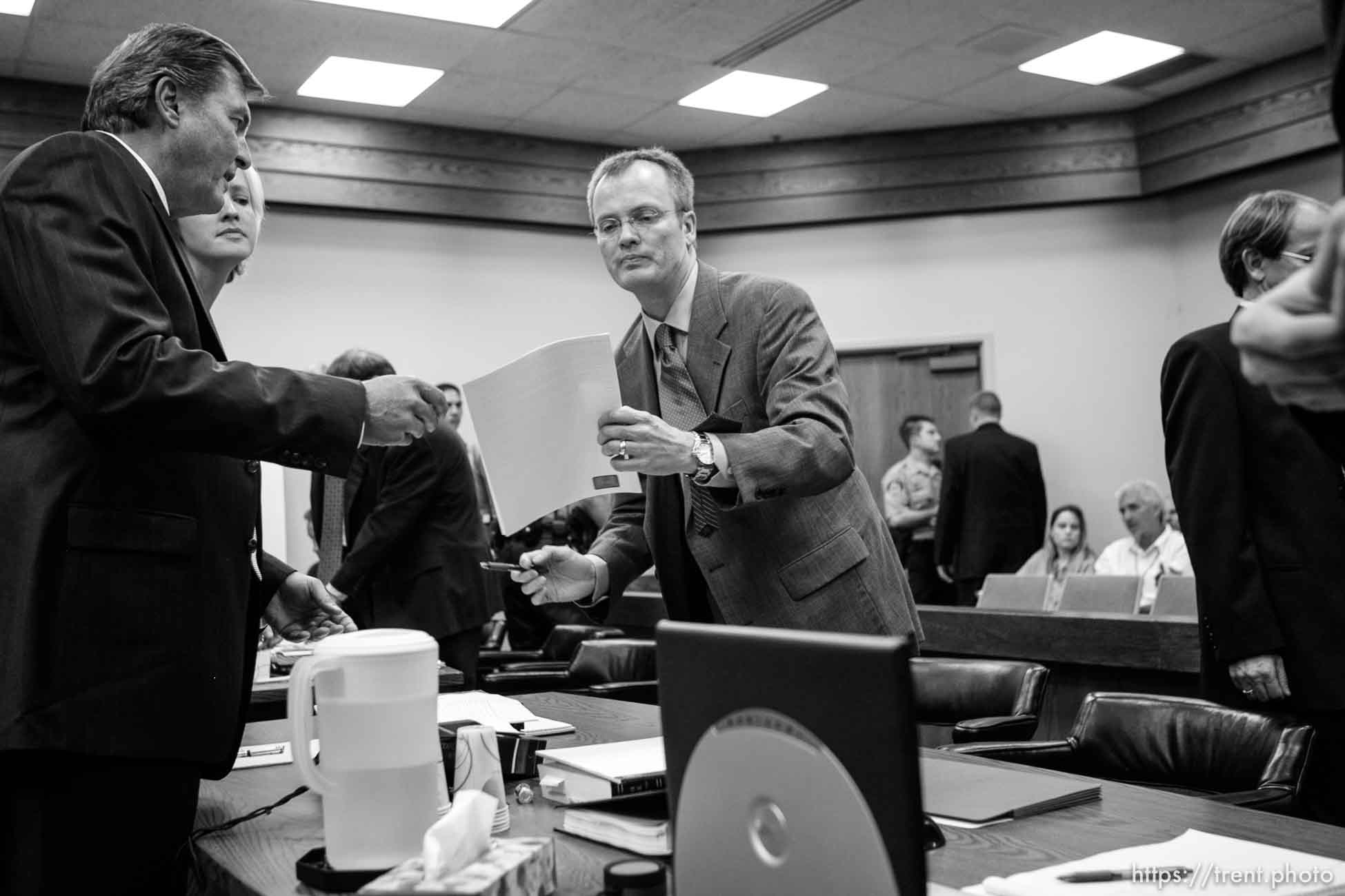 The Warren Jeffs' trial in St. George, Utah. Jeffs, head of the Fundamentalist Church of Jesus Christ of Latter Day Saints, is charged with two counts of rape as an accomplice for allegedly coercing the marriage and rape of a 14-year-old follower to her 19-year-old cousin in 2001. Washington County Attorney Brock Belnap. Utah Assistant Attorney General Craig Barlow. defense attorney Tara Isaacson