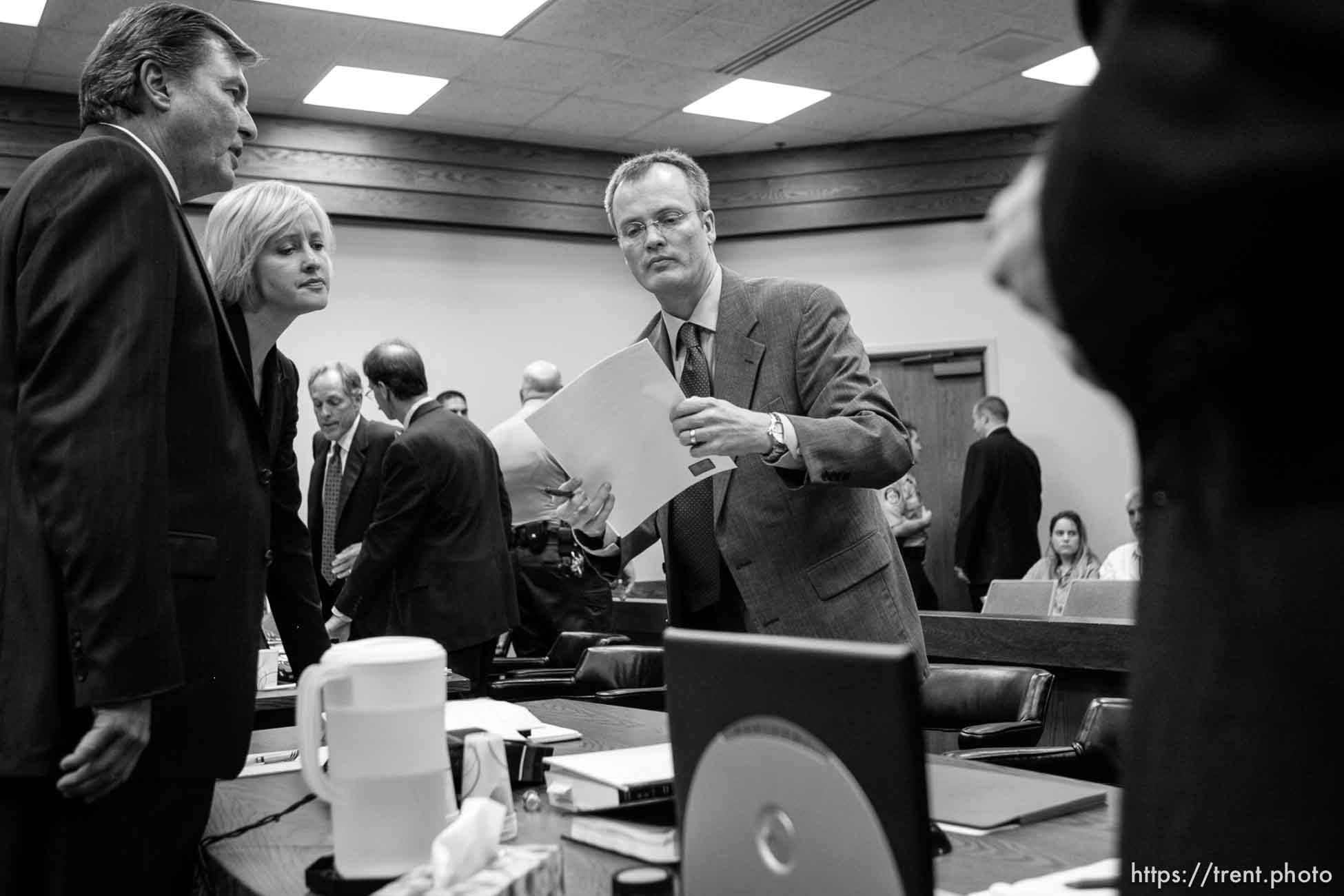 The Warren Jeffs' trial in St. George, Utah. Jeffs, head of the Fundamentalist Church of Jesus Christ of Latter Day Saints, is charged with two counts of rape as an accomplice for allegedly coercing the marriage and rape of a 14-year-old follower to her 19-year-old cousin in 2001. Washington County Attorney Brock Belnap. Utah Assistant Attorney General Craig Barlow. defense attorney Tara Isaacson