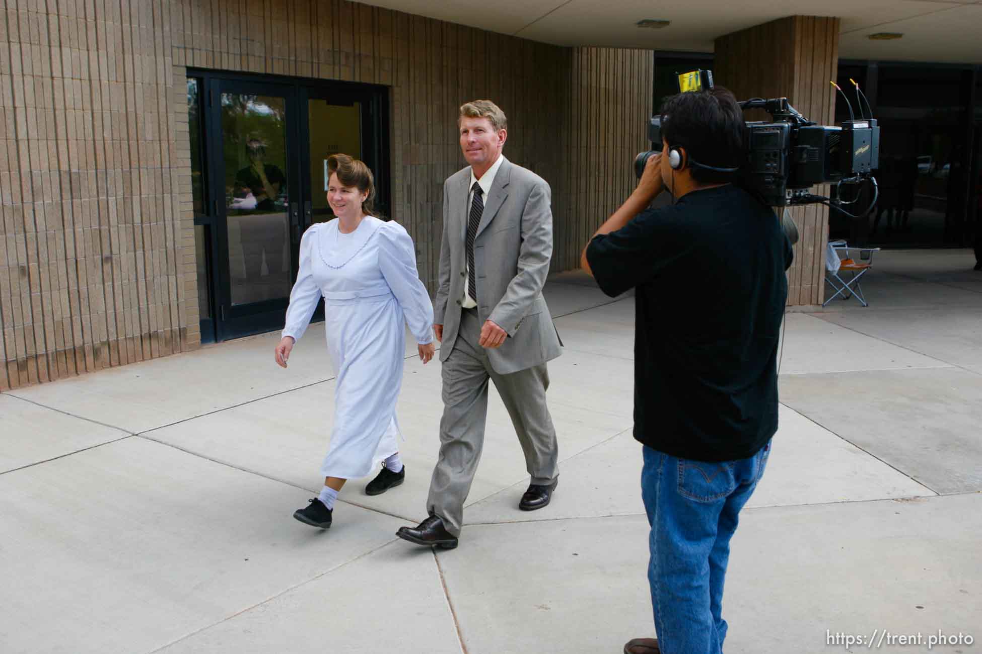 The Warren Jeffs' trial in St. George, Utah. Jeffs, head of the Fundamentalist Church of Jesus Christ of Latter Day Saints, is charged with two counts of rape as an accomplice for allegedly coercing the marriage and rape of a 14-year-old follower to her 19-year-old cousin in 2001.. apparent followers of warren jeffs' flds church