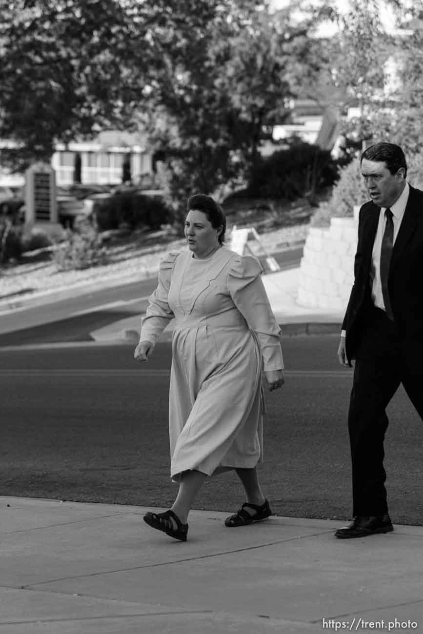 The Warren Jeffs' trial in St. George, Utah. Jeffs, head of the Fundamentalist Church of Jesus Christ of Latter Day Saints, is charged with two counts of rape as an accomplice for allegedly coercing the marriage and rape of a 14-year-old follower to her 19-year-old cousin in 2001.. apparent followers of warren jeffs' flds church