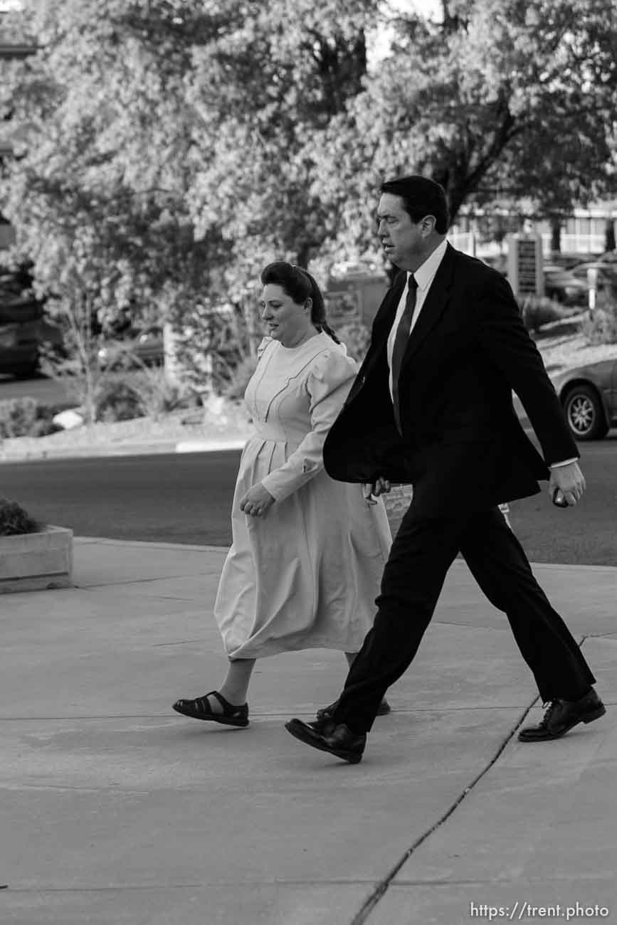 The Warren Jeffs' trial in St. George, Utah. Jeffs, head of the Fundamentalist Church of Jesus Christ of Latter Day Saints, is charged with two counts of rape as an accomplice for allegedly coercing the marriage and rape of a 14-year-old follower to her 19-year-old cousin in 2001.. apparent followers of warren jeffs' flds church