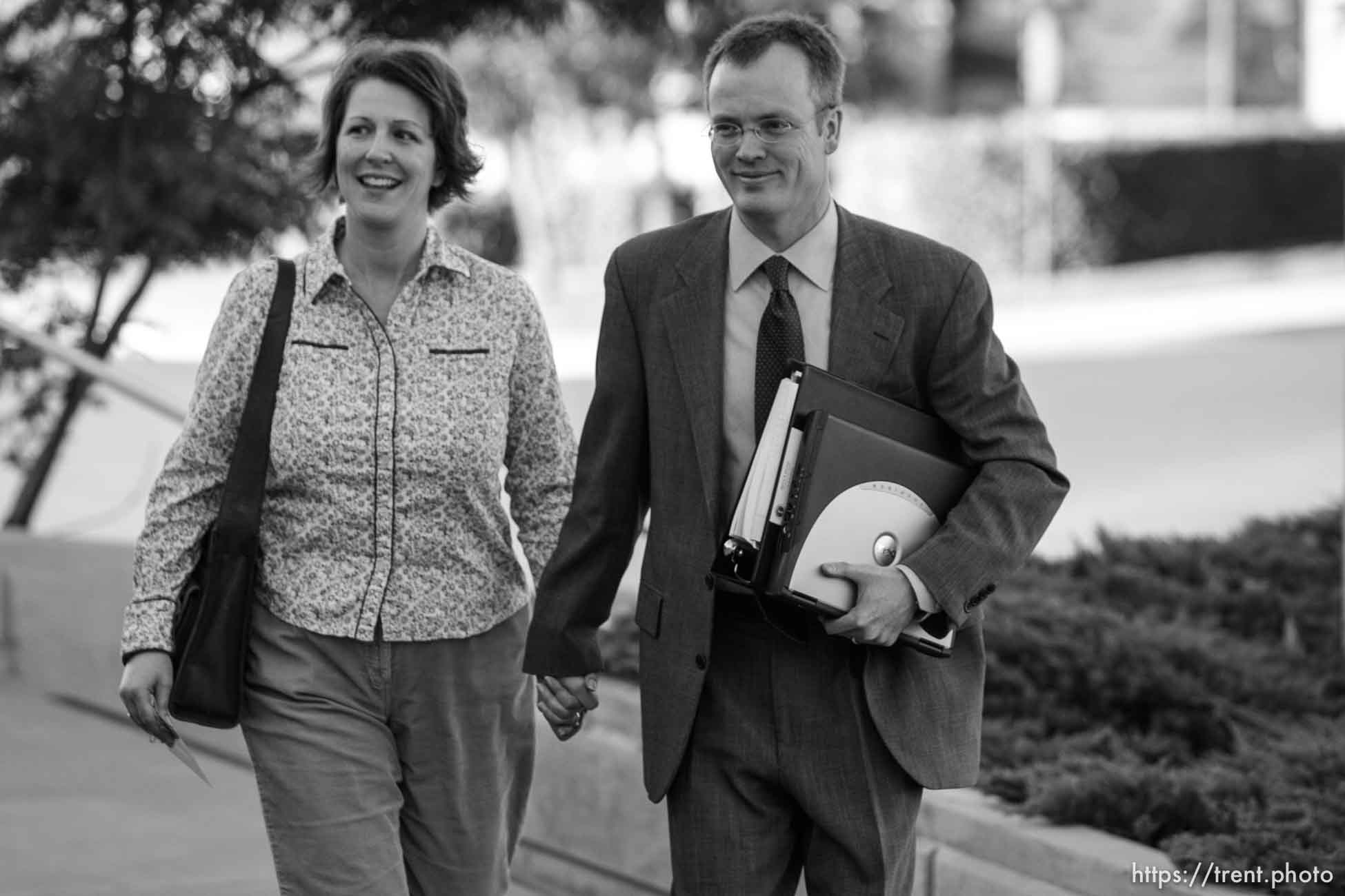 The Warren Jeffs' trial in St. George, Utah. Jeffs, head of the Fundamentalist Church of Jesus Christ of Latter Day Saints, is charged with two counts of rape as an accomplice for allegedly coercing the marriage and rape of a 14-year-old follower to her 19-year-old cousin in 2001. Washington County Attorney Brock Belnap and his wife chantie