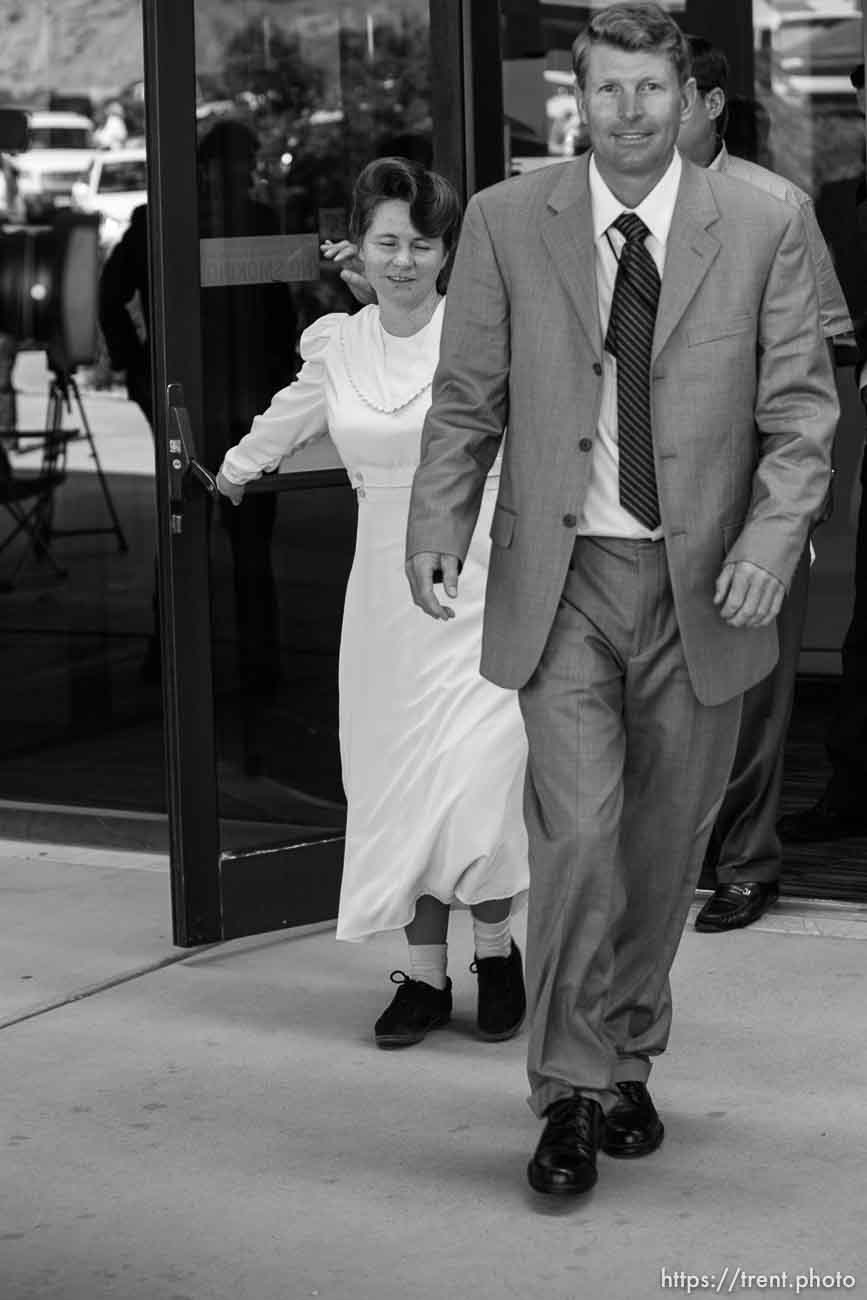 The Warren Jeffs' trial in St. George, Utah. Jeffs, head of the Fundamentalist Church of Jesus Christ of Latter Day Saints, is charged with two counts of rape as an accomplice for allegedly coercing the marriage and rape of a 14-year-old follower to her 19-year-old cousin in 2001.. apparent followers of warren jeffs' flds church