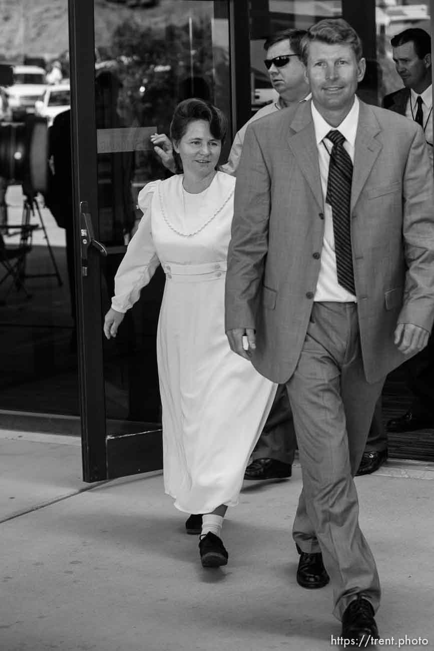 The Warren Jeffs' trial in St. George, Utah. Jeffs, head of the Fundamentalist Church of Jesus Christ of Latter Day Saints, is charged with two counts of rape as an accomplice for allegedly coercing the marriage and rape of a 14-year-old follower to her 19-year-old cousin in 2001.. apparent followers of warren jeffs' flds church