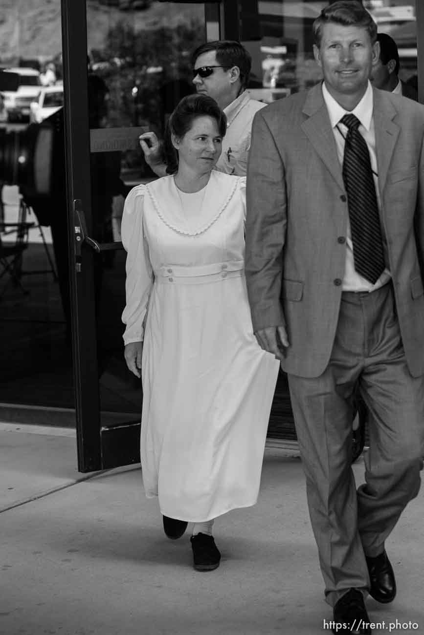 The Warren Jeffs' trial in St. George, Utah. Jeffs, head of the Fundamentalist Church of Jesus Christ of Latter Day Saints, is charged with two counts of rape as an accomplice for allegedly coercing the marriage and rape of a 14-year-old follower to her 19-year-old cousin in 2001.. apparent followers of warren jeffs' flds church