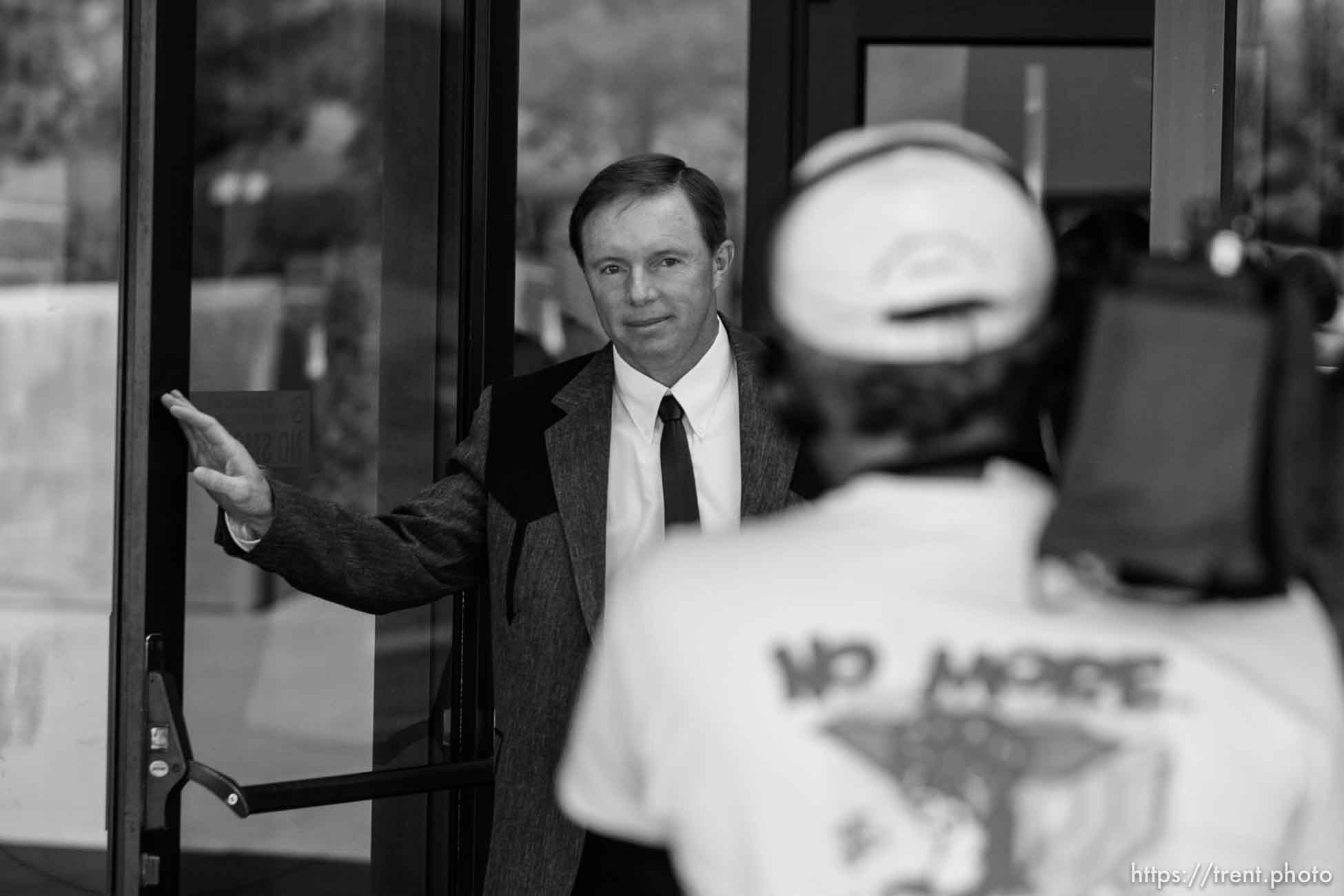 The Warren Jeffs' trial in St. George, Utah. Jeffs, head of the Fundamentalist Church of Jesus Christ of Latter Day Saints, is charged with two counts of rape as an accomplice for allegedly coercing the marriage and rape of a 14-year-old follower to her 19-year-old cousin in 2001.. apparent followers of warren jeffs' flds church. sam roundy