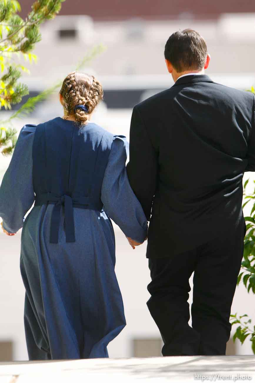 The Warren Jeffs' trial in St. George, Utah. Jeffs, head of the Fundamentalist Church of Jesus Christ of Latter Day Saints, is charged with two counts of rape as an accomplice for allegedly coercing the marriage and rape of a 14-year-old follower to her 19-year-old cousin in 2001.. apparent followers of warren jeffs' flds church