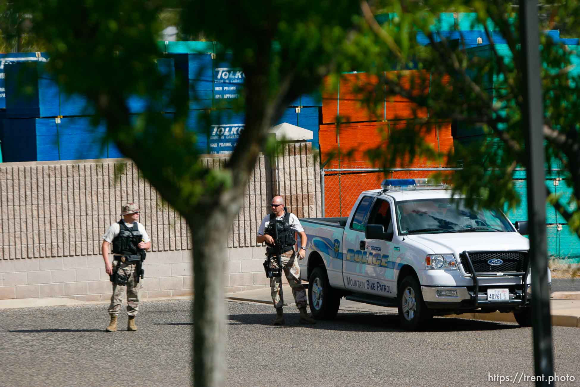 The Warren Jeffs' trial in St. George, Utah. Jeffs, head of the Fundamentalist Church of Jesus Christ of Latter Day Saints, is charged with two counts of rape as an accomplice for allegedly coercing the marriage and rape of a 14-year-old follower to her 19-year-old cousin in 2001. police security