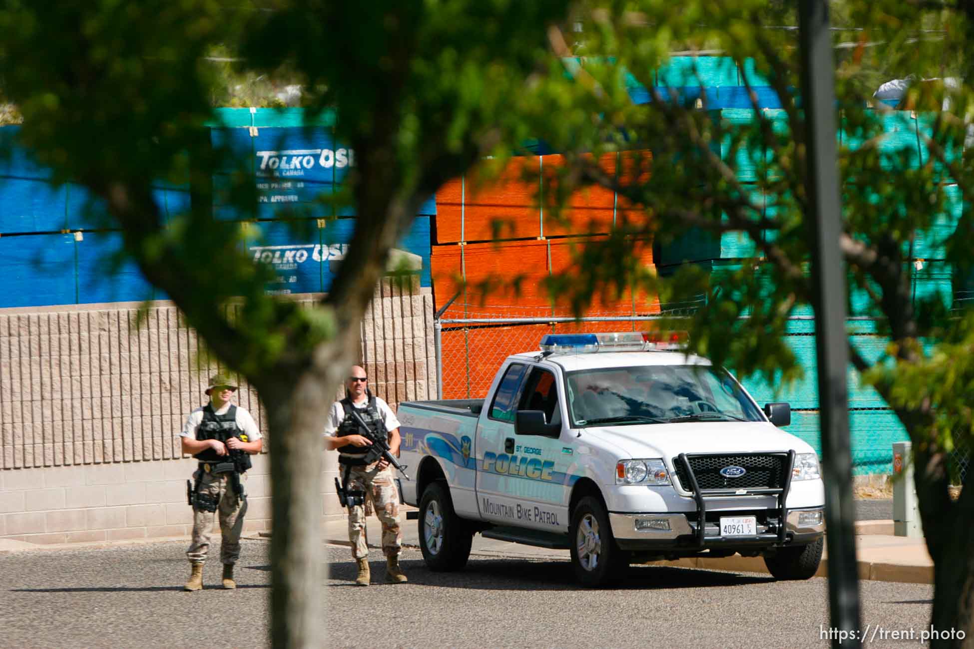 The Warren Jeffs' trial in St. George, Utah. Jeffs, head of the Fundamentalist Church of Jesus Christ of Latter Day Saints, is charged with two counts of rape as an accomplice for allegedly coercing the marriage and rape of a 14-year-old follower to her 19-year-old cousin in 2001. police security