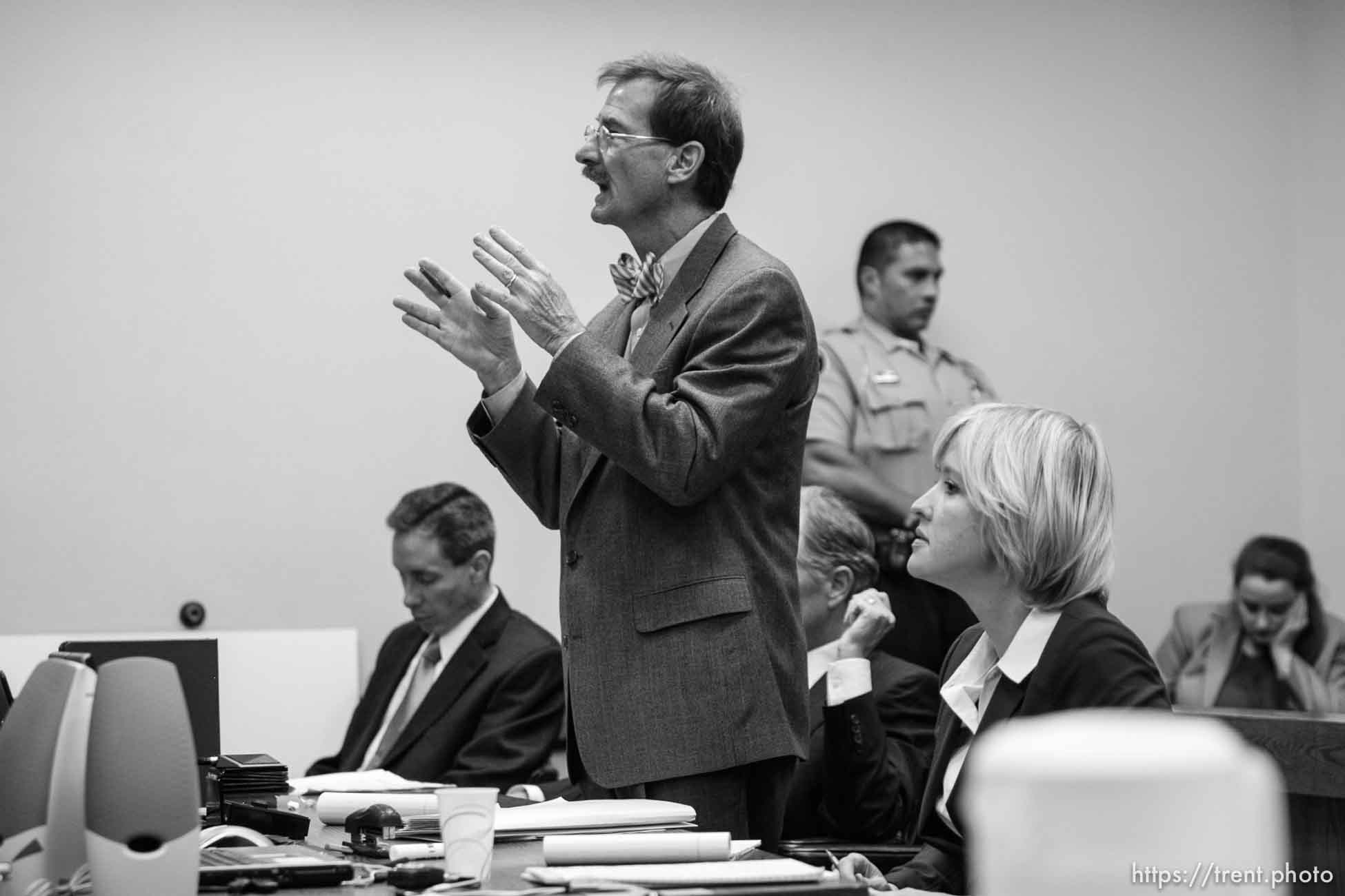 The Warren Jeffs' trial in St. George, Utah. Jeffs, head of the Fundamentalist Church of Jesus Christ of Latter Day Saints, is charged with two counts of rape as an accomplice for allegedly coercing the marriage and rape of a 14-year-old follower to her 19-year-old cousin in 2001.. defense attorney Walter Bugden, defense attorney tara isaacson