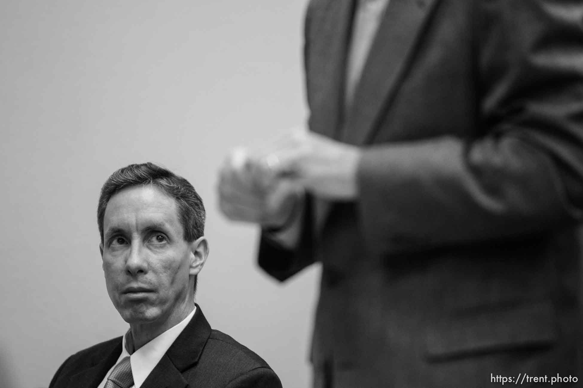 The Warren Jeffs' trial in St. George, Utah. Jeffs, head of the Fundamentalist Church of Jesus Christ of Latter Day Saints, is charged with two counts of rape as an accomplice for allegedly coercing the marriage and rape of a 14-year-old follower to her 19-year-old cousin in 2001.. defense attorney Walter Bugden