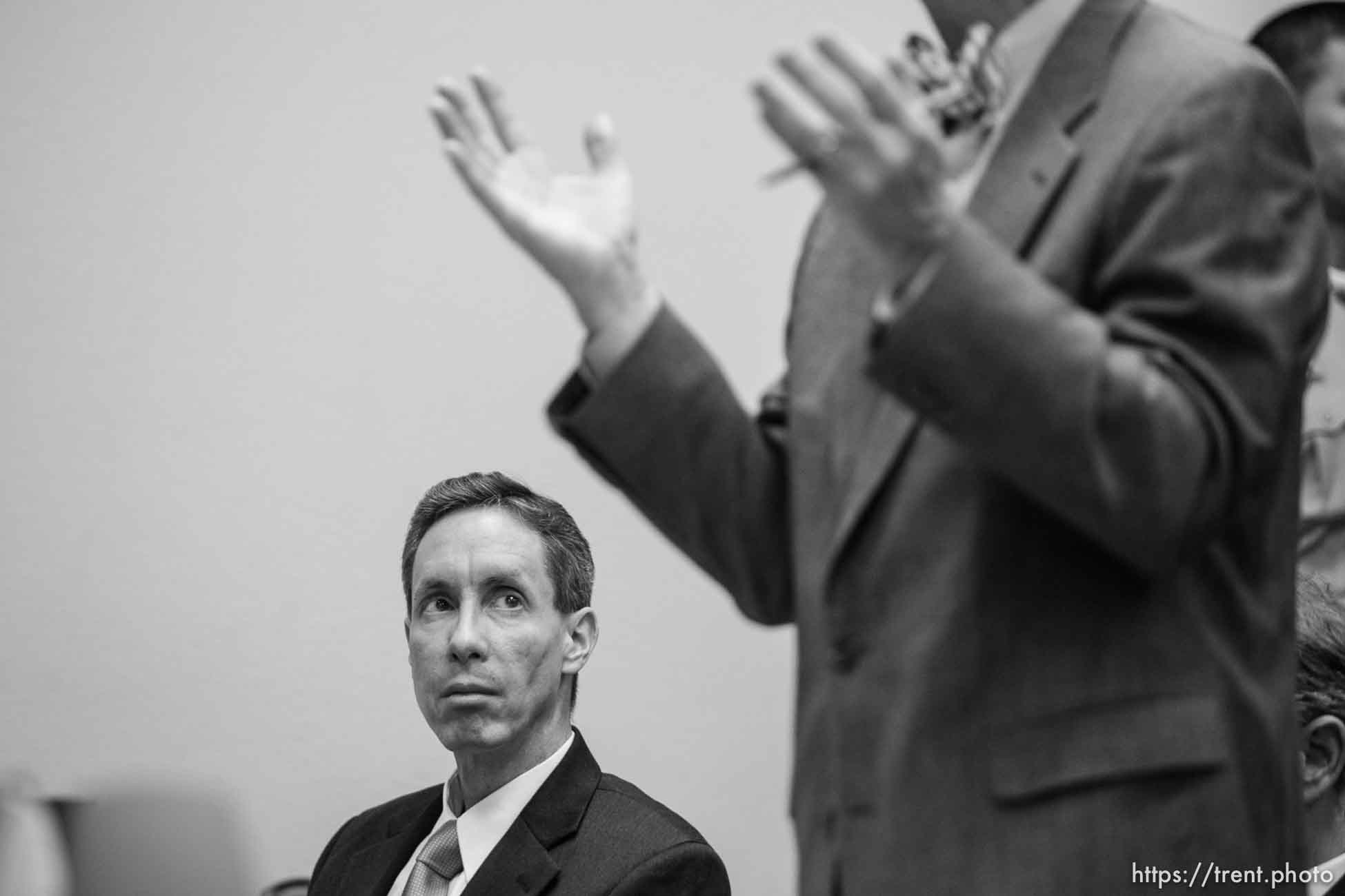 The Warren Jeffs' trial in St. George, Utah. Jeffs, head of the Fundamentalist Church of Jesus Christ of Latter Day Saints, is charged with two counts of rape as an accomplice for allegedly coercing the marriage and rape of a 14-year-old follower to her 19-year-old cousin in 2001.. defense attorney Walter Bugden