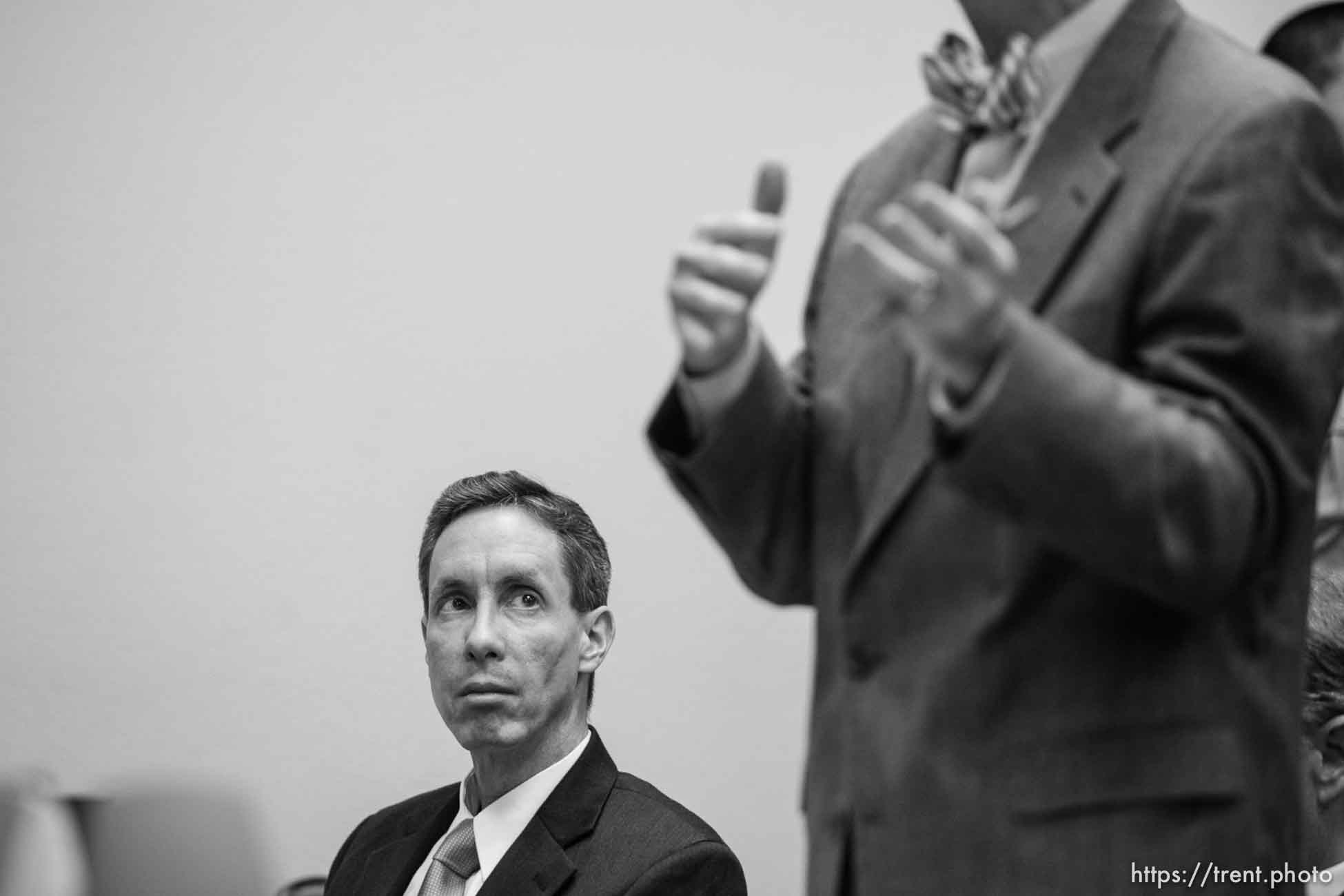 The Warren Jeffs' trial in St. George, Utah. Jeffs, head of the Fundamentalist Church of Jesus Christ of Latter Day Saints, is charged with two counts of rape as an accomplice for allegedly coercing the marriage and rape of a 14-year-old follower to her 19-year-old cousin in 2001.. defense attorney Walter Bugden