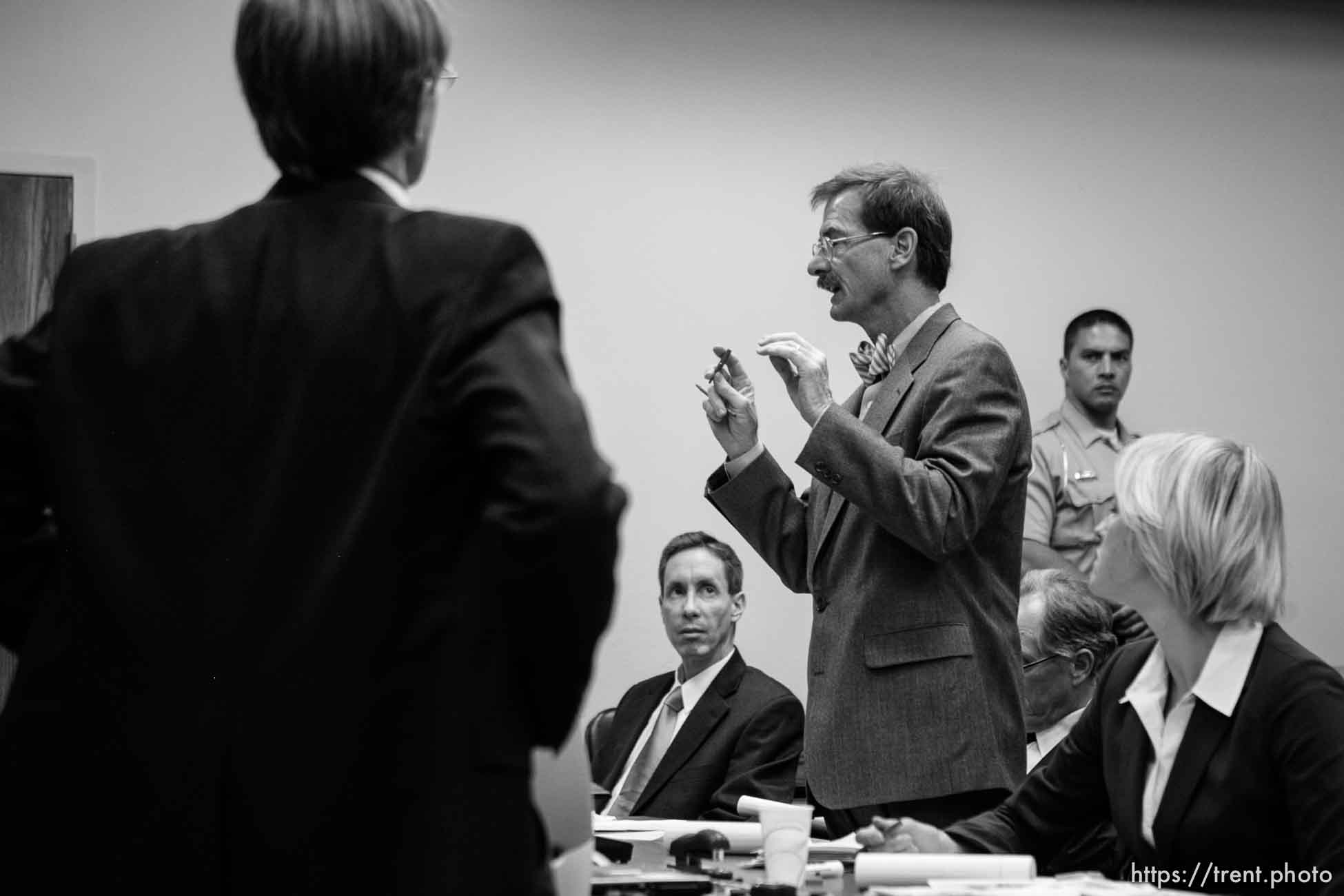 The Warren Jeffs' trial in St. George, Utah. Jeffs, head of the Fundamentalist Church of Jesus Christ of Latter Day Saints, is charged with two counts of rape as an accomplice for allegedly coercing the marriage and rape of a 14-year-old follower to her 19-year-old cousin in 2001.. defense attorney Walter Bugden