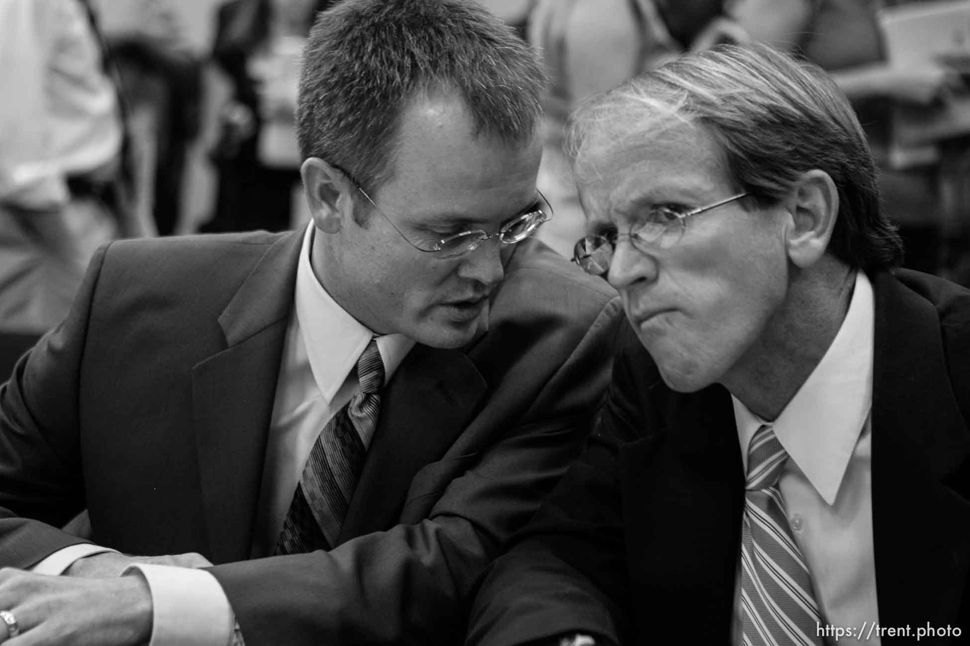 The Warren Jeffs' trial in St. George, Utah. Jeffs, head of the Fundamentalist Church of Jesus Christ of Latter Day Saints, is charged with two counts of rape as an accomplice for allegedly coercing the marriage and rape of a 14-year-old follower to her 19-year-old cousin in 2001. Washington County Attorney Brock Belnap. prosecuting attorney Ryan Shaum