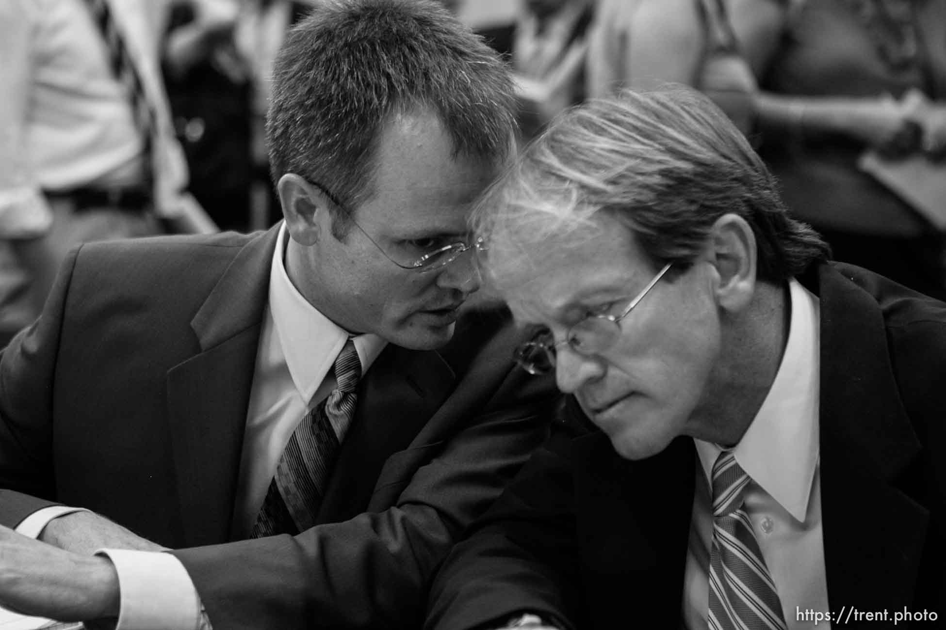 The Warren Jeffs' trial in St. George, Utah. Jeffs, head of the Fundamentalist Church of Jesus Christ of Latter Day Saints, is charged with two counts of rape as an accomplice for allegedly coercing the marriage and rape of a 14-year-old follower to her 19-year-old cousin in 2001. Washington County Attorney Brock Belnap. prosecuting attorney Ryan Shaum