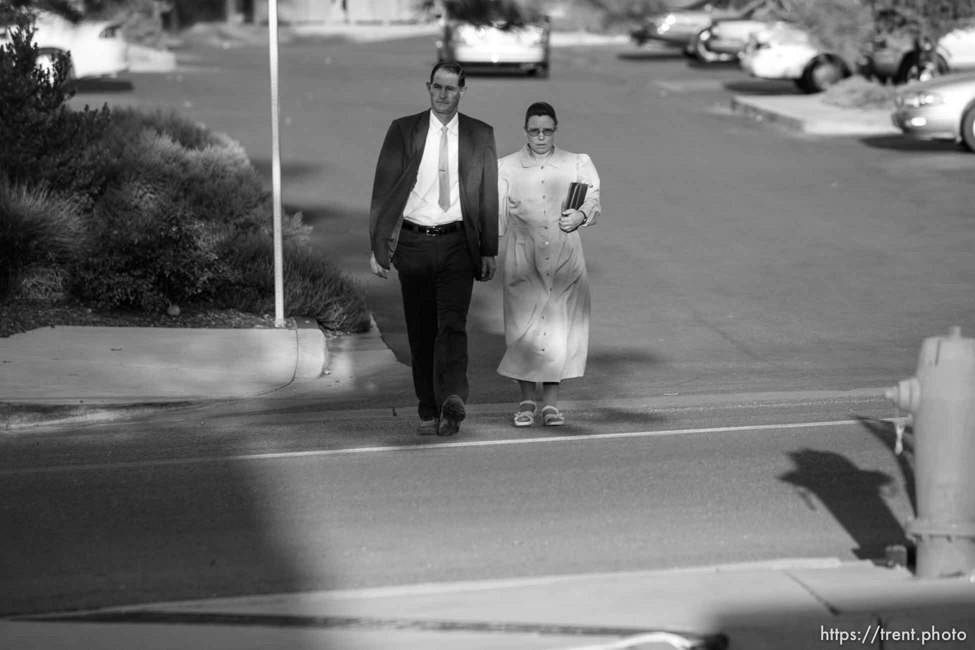 The Warren Jeffs' trial in St. George, Utah. Jeffs, head of the Fundamentalist Church of Jesus Christ of Latter Day Saints, is charged with two counts of rape as an accomplice for allegedly coercing the marriage and rape of a 14-year-old follower to her 19-year-old cousin in 2001.. apparent followers of warren jeffs' flds church