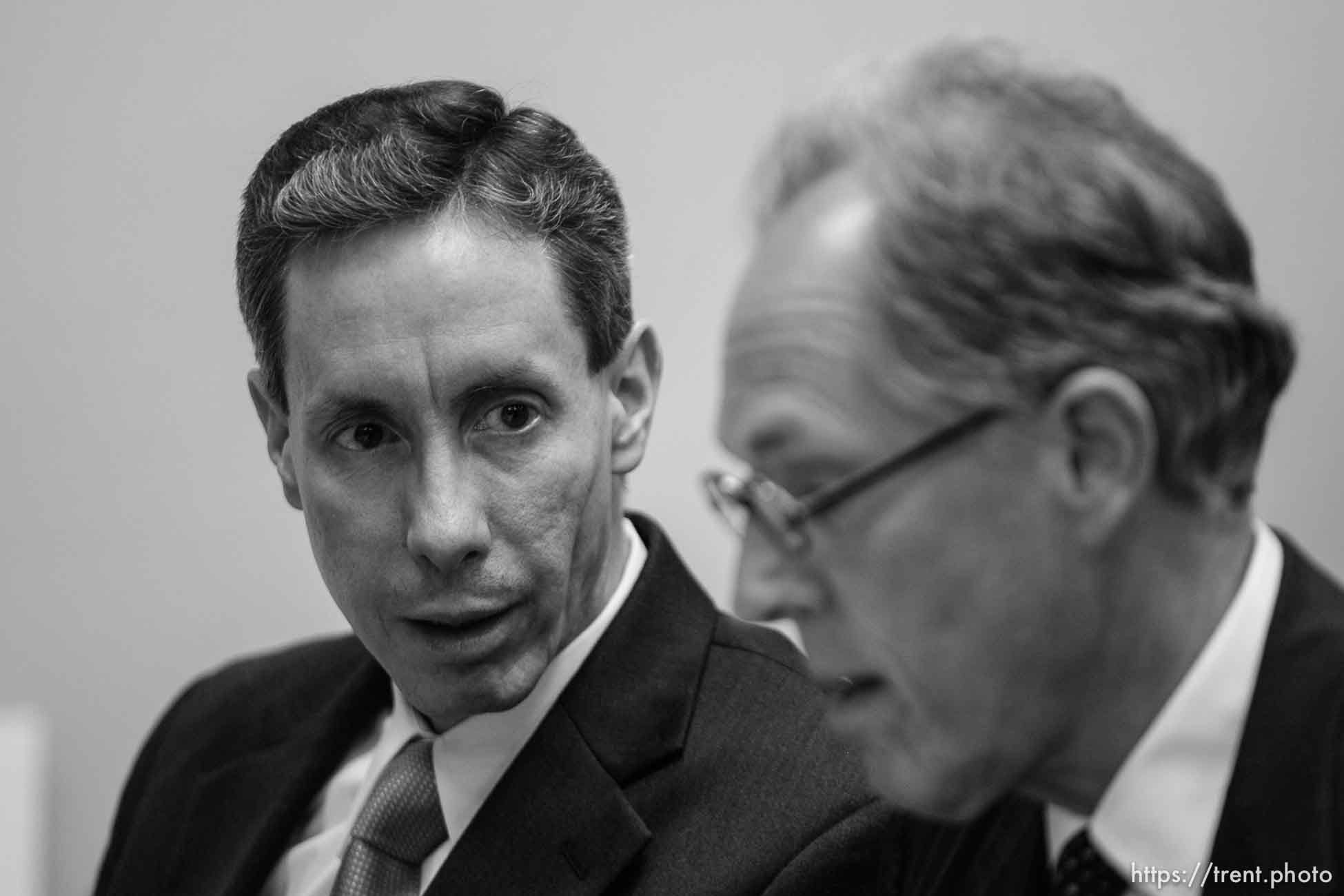 The Warren Jeffs' trial in St. George, Utah. Jeffs, head of the Fundamentalist Church of Jesus Christ of Latter Day Saints, is charged with two counts of rape as an accomplice for allegedly coercing the marriage and rape of a 14-year-old follower to her 19-year-old cousin in 2001.. defense attorney Richard Wright