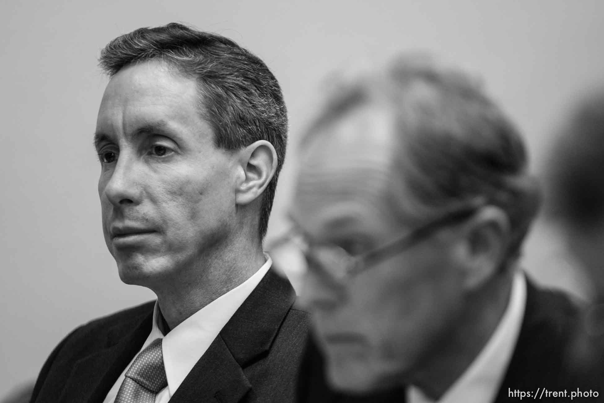 The Warren Jeffs' trial in St. George, Utah. Jeffs, head of the Fundamentalist Church of Jesus Christ of Latter Day Saints, is charged with two counts of rape as an accomplice for allegedly coercing the marriage and rape of a 14-year-old follower to her 19-year-old cousin in 2001.. defense attorney Richard Wright