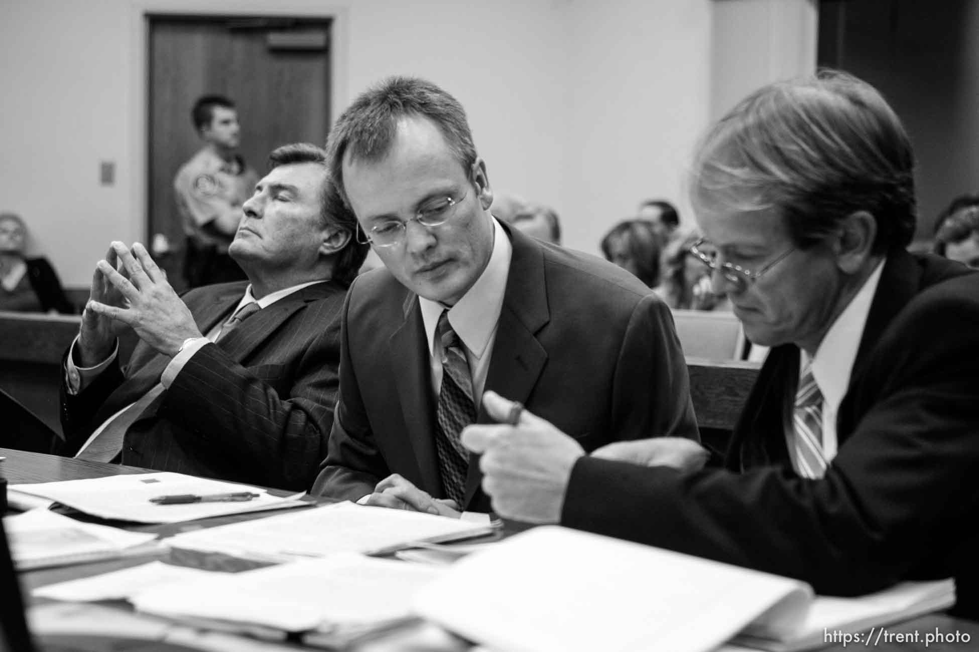 The Warren Jeffs' trial in St. George, Utah. Jeffs, head of the Fundamentalist Church of Jesus Christ of Latter Day Saints, is charged with two counts of rape as an accomplice for allegedly coercing the marriage and rape of a 14-year-old follower to her 19-year-old cousin in 2001. Washington County Attorney Brock Belnap. prosecuting attorney Ryan Shaum, assistant attorney general craig barlow