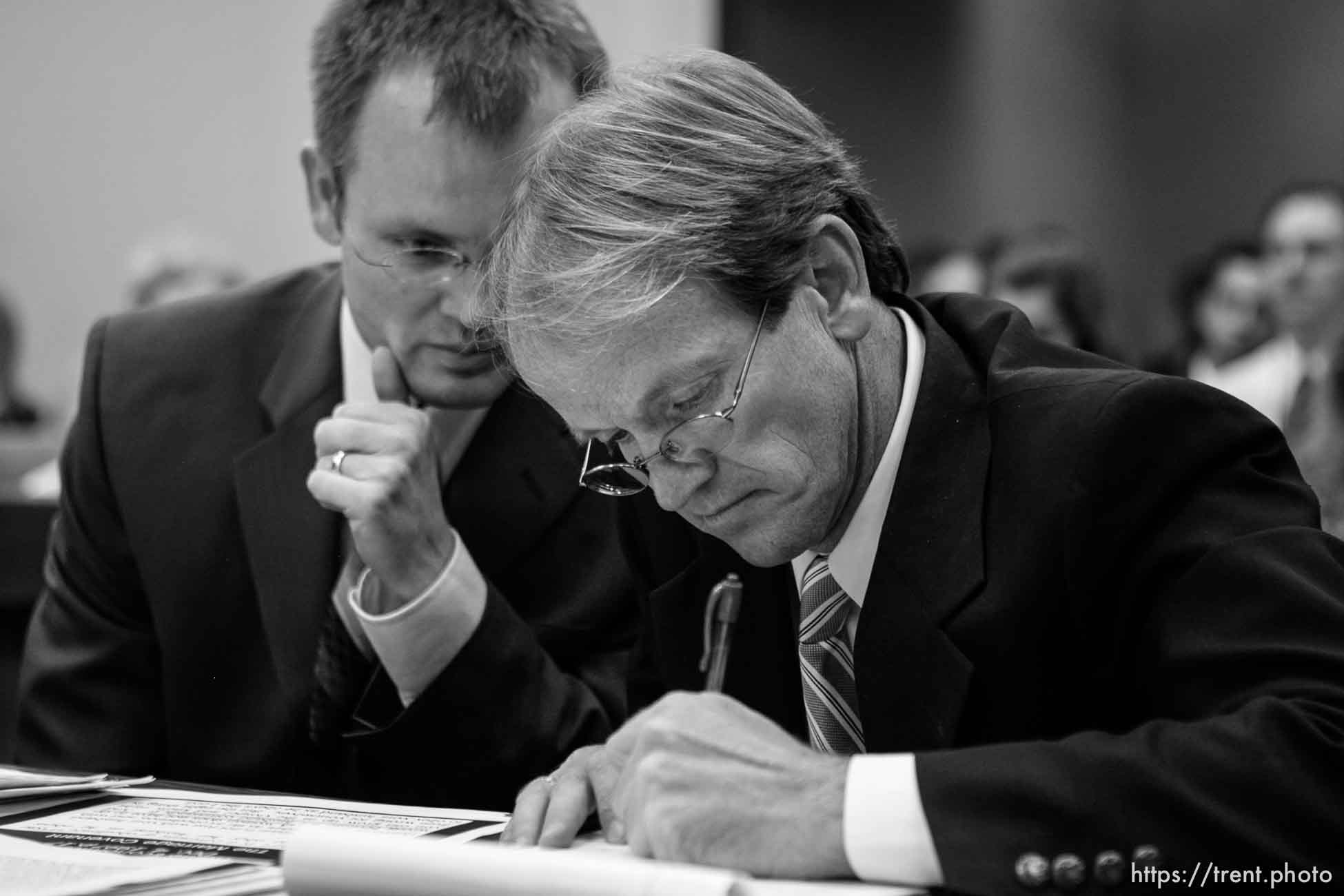 The Warren Jeffs' trial in St. George, Utah. Jeffs, head of the Fundamentalist Church of Jesus Christ of Latter Day Saints, is charged with two counts of rape as an accomplice for allegedly coercing the marriage and rape of a 14-year-old follower to her 19-year-old cousin in 2001. Washington County Attorney Brock Belnap. prosecuting attorney Ryan Shaum