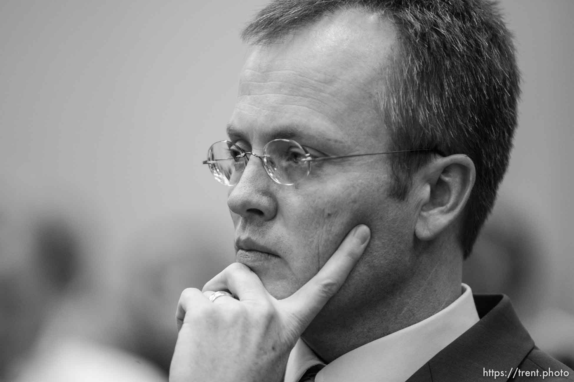 The Warren Jeffs' trial in St. George, Utah. Jeffs, head of the Fundamentalist Church of Jesus Christ of Latter Day Saints, is charged with two counts of rape as an accomplice for allegedly coercing the marriage and rape of a 14-year-old follower to her 19-year-old cousin in 2001. Washington County Attorney Brock Belnap