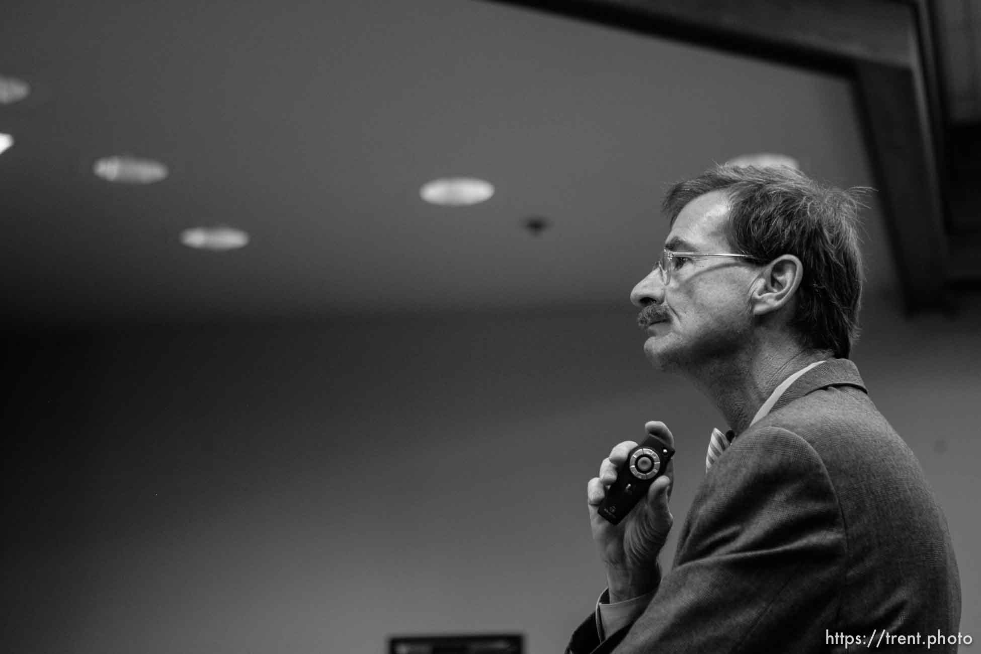 The Warren Jeffs' trial in St. George, Utah. Jeffs, head of the Fundamentalist Church of Jesus Christ of Latter Day Saints, is charged with two counts of rape as an accomplice for allegedly coercing the marriage and rape of a 14-year-old follower to her 19-year-old cousin in 2001.. defense attorney Walter Bugden