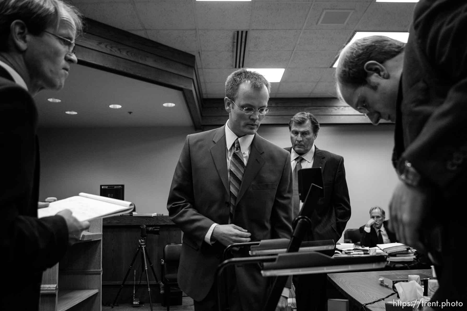 The Warren Jeffs' trial in St. George, Utah. Jeffs, head of the Fundamentalist Church of Jesus Christ of Latter Day Saints, is charged with two counts of rape as an accomplice for allegedly coercing the marriage and rape of a 14-year-old follower to her 19-year-old cousin in 2001. Washington County Attorney Brock Belnap. prosecuting attorney Ryan Shaum. Utah Assistant Attorney General Craig Barlow