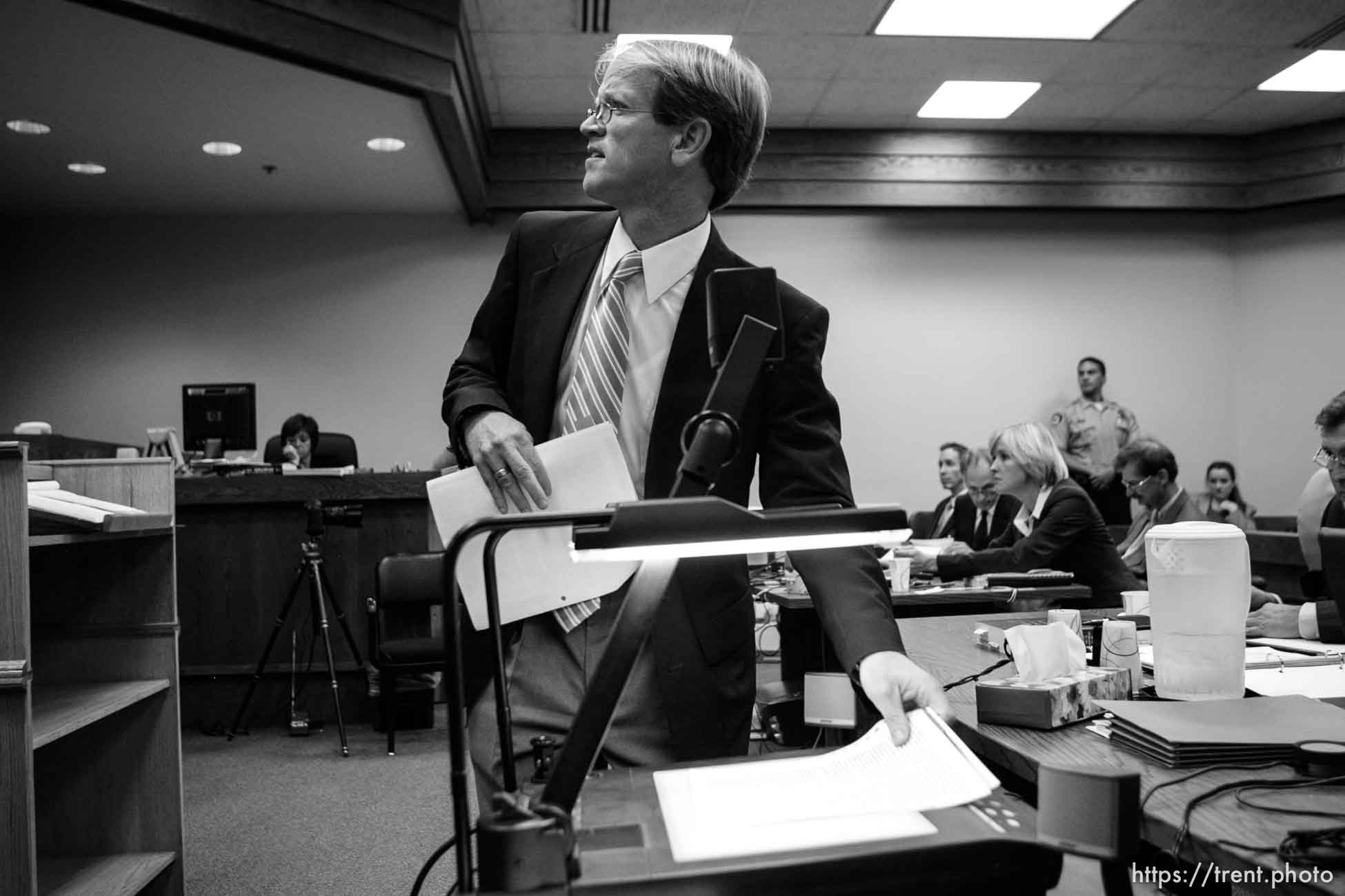 The Warren Jeffs' trial in St. George, Utah. Jeffs, head of the Fundamentalist Church of Jesus Christ of Latter Day Saints, is charged with two counts of rape as an accomplice for allegedly coercing the marriage and rape of a 14-year-old follower to her 19-year-old cousin in 2001.. prosecuting attorney Ryan Shaum