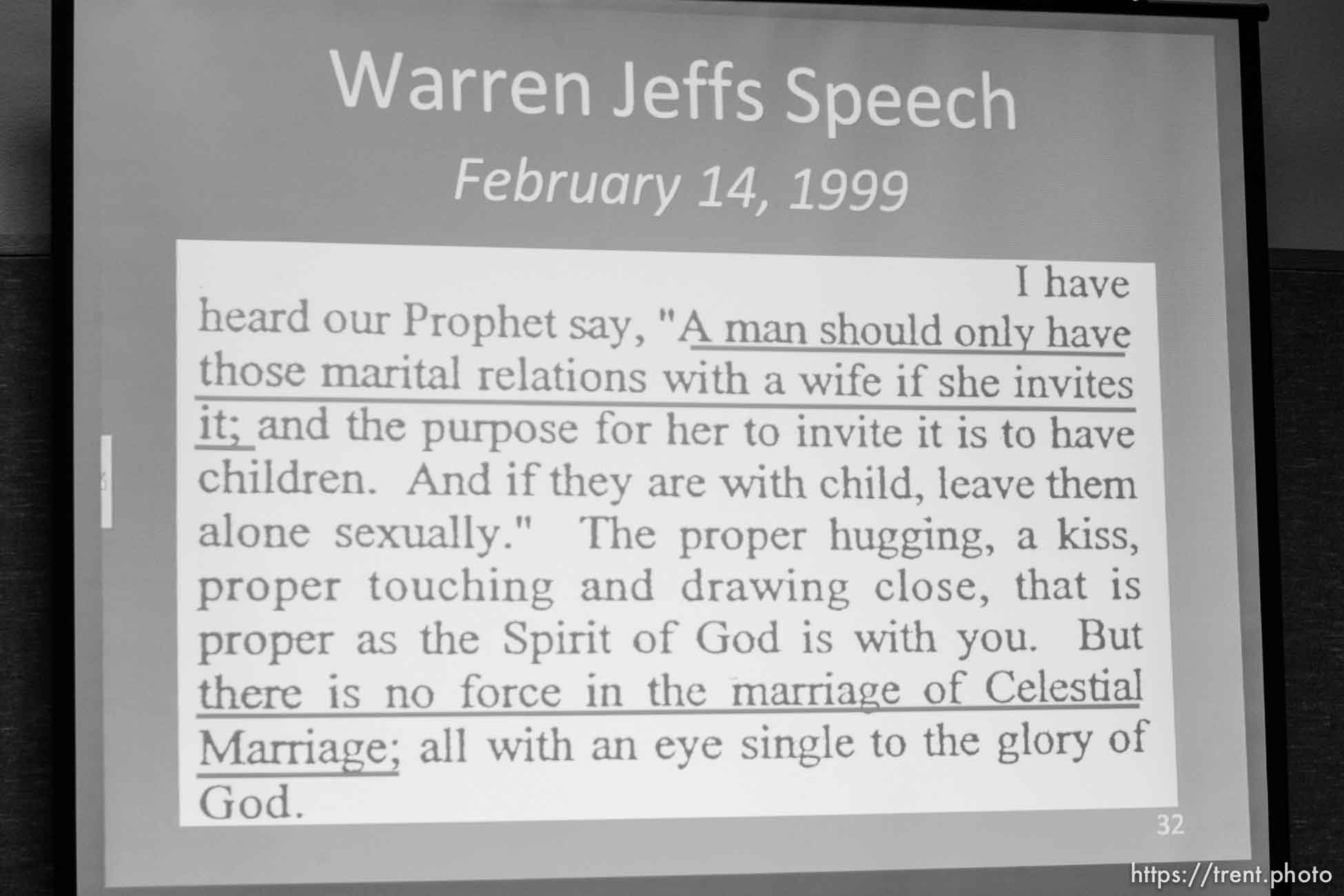 The Warren Jeffs' trial in St. George, Utah. Jeffs, head of the Fundamentalist Church of Jesus Christ of Latter Day Saints, is charged with two counts of rape as an accomplice for allegedly coercing the marriage and rape of a 14-year-old follower to her 19-year-old cousin in 2001.