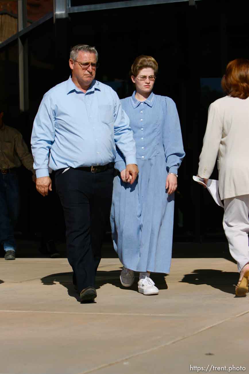 The Warren Jeffs' trial in St. George, Utah. Jeffs, head of the Fundamentalist Church of Jesus Christ of Latter Day Saints, is charged with two counts of rape as an accomplice for allegedly coercing the marriage and rape of a 14-year-old follower to her 19-year-old cousin in 2001.. apparent followers of warren jeffs' flds church, Defense witness Charlotte Jessop (right)