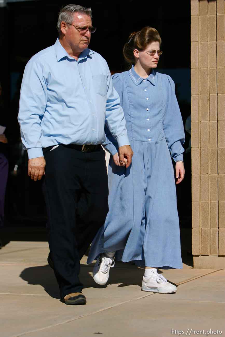 The Warren Jeffs' trial in St. George, Utah. Jeffs, head of the Fundamentalist Church of Jesus Christ of Latter Day Saints, is charged with two counts of rape as an accomplice for allegedly coercing the marriage and rape of a 14-year-old follower to her 19-year-old cousin in 2001.. apparent followers of warren jeffs' flds church, Defense witness Charlotte Jessop (right)