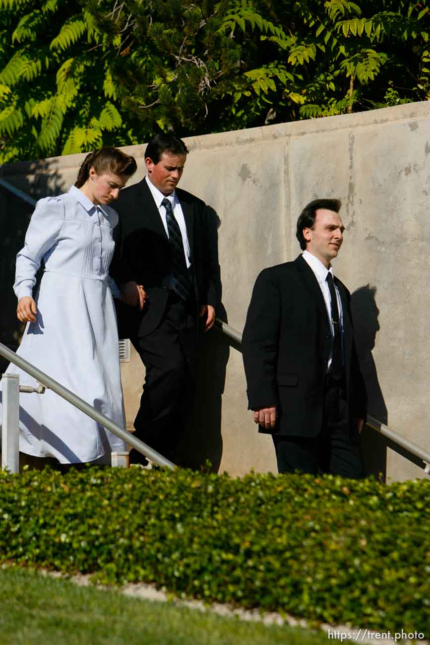 The Warren Jeffs' trial in St. George, Utah. Jeffs, head of the Fundamentalist Church of Jesus Christ of Latter Day Saints, is charged with two counts of rape as an accomplice for allegedly coercing the marriage and rape of a 14-year-old follower to her 19-year-old cousin in 2001.. apparent followers of warren jeffs' flds church